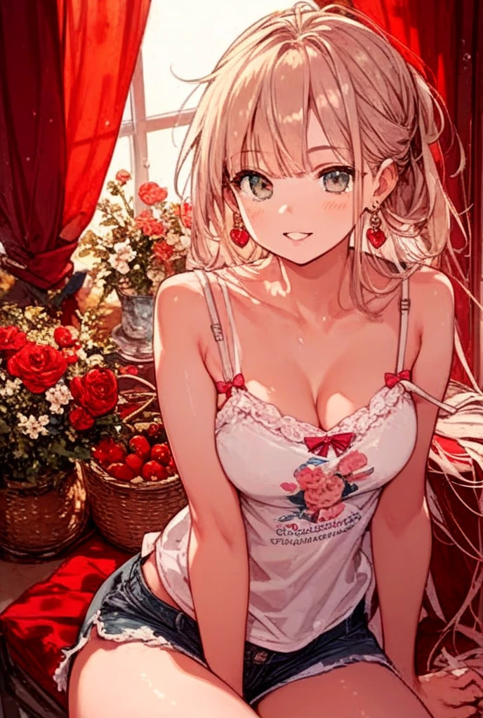 masterpiece), best quality, expressive eyes, perfect face,(summer dress:1.2),(red and pink clothes),smiles,rose garden,(big breasts),cleavage,warm sunlight,soft shadows, red rose, hair flower, braid, green eyes, short hair, noelle gi,full-body shot