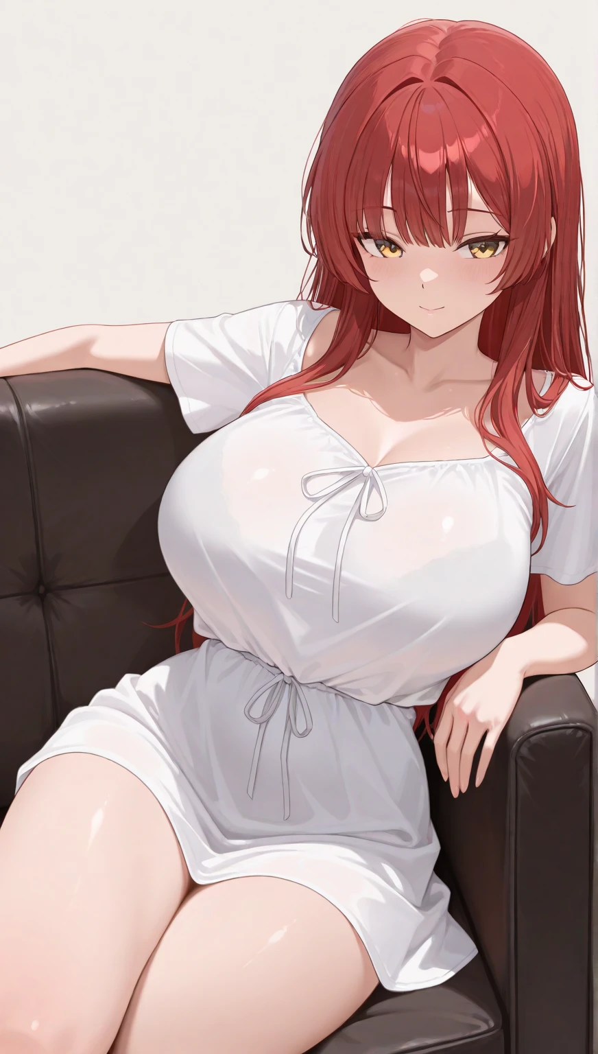 (NSFW:1.1)animemanga girl, , gigantic cleavage breasts, thick thight, A sexy pose, Just a transparent shirt, no underwares, Open legs, red hair, full bodyesbian, dampness, with no underpants, In the bra, Bulky breasts, emerges