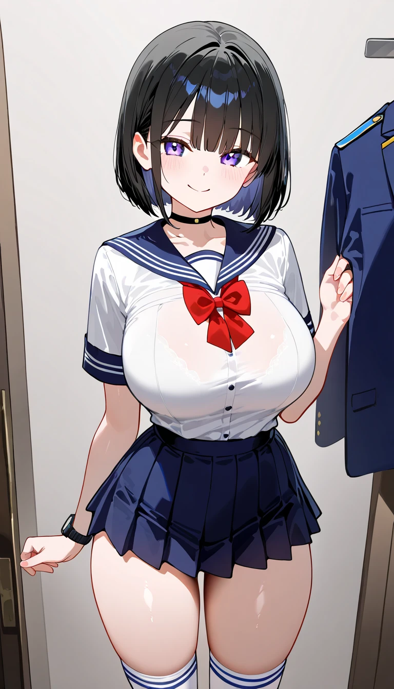 black hair, short hair, ahoge, Brown eyes,,, large breasts, live stage, , solo ,nipple,Blazer uniform, Blazer skirt