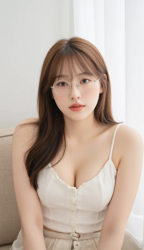 (((Brown longhair))), (Louvre Museum), Pose Seductive, (A hyper-realistic), (Illustration), (Increased resolution), (8KUHD), (Extremely detailed), (Best Illustration), (Beautiful and detailed eyes), (Best Quality), (ultra-detailliert), (masutepiece ), ( Wallpaper), (Detailed face), Solo, 1人の女性, Fine details, Detailed face, Deep Shadows, lowkey, pureerosfaceace_v1, Smiling, 46 point slanted bangs、Short sleeve shirt with collar、cleavage of the breast、Big necklace、large earring、Strive pattern collar shirt、Rimless glasses、
