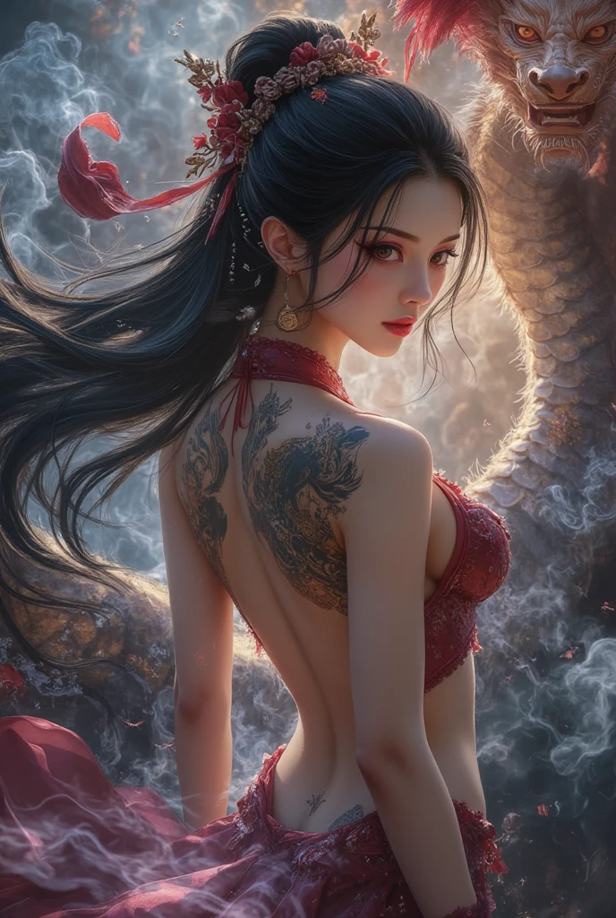 Female snail make-up day，She took to the skies，The sea water hadn't reached her ankles yet，（Side view），A Chinese dragon hovers in the air，（（Chinese mythology）），high qulity，super-fine，Detailed pubic hair，Accurate，（tmasterpiece），Works of masters，（16K resolution），light and shadow effect，Layering effect，电影灯光，Ultra photo realsisim