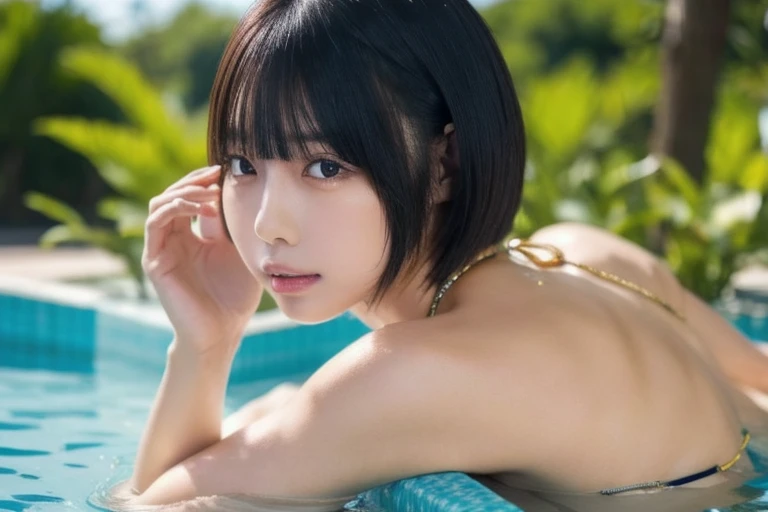 Realistic Photography, Beautiful Young Female ,Short hair ,river, extremely delicate and beautiful},Outstanding light and shadow, highly detailed wallpaper,Clear and bright sunlight, taking a selfie, naked portrait, nude photography, detailed armpit, pussy pubic hair, thick pubic hair, shiny nipple