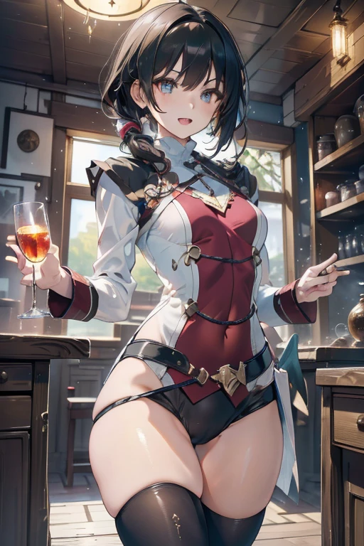 (fantasy:1.5),(8k,masterpiece, top quality, best quality,beautiful and aesthetic:1.2,professional illustrasion:1.1,ultra detail:1.3,perfect lighting),extremely detailed,highest detailed,incredibly absurdres , highres, ultra detailed,intricate:1.6,(Alchemy Workshop:1.4),A girl mixing,Medicine in many small bottles,holding small potion,colorful:1.4,zentangle,(a girl 26yo old),(cute girl),pointed chest:1.3,(double breasted:1.2,under bust:1.2), Amazing Cleavage:1.1, thin waist, medium ass, Raised sexy, (small breast: 1.4) posed cleavage:1.2,(female alchemy fashon:1.3),(highly detailed beautiful face and eyes,firm breasts),oily skin,((bronde hair, long pony tail hair)),thin pubic hair,cute,lovely,beautifuk alchemist costume,smile,in the Alchemy Workshop,smile,seductive weak smiling,(with sparkling eyes and a contagious smile),open mouth, Looking at Viewer,