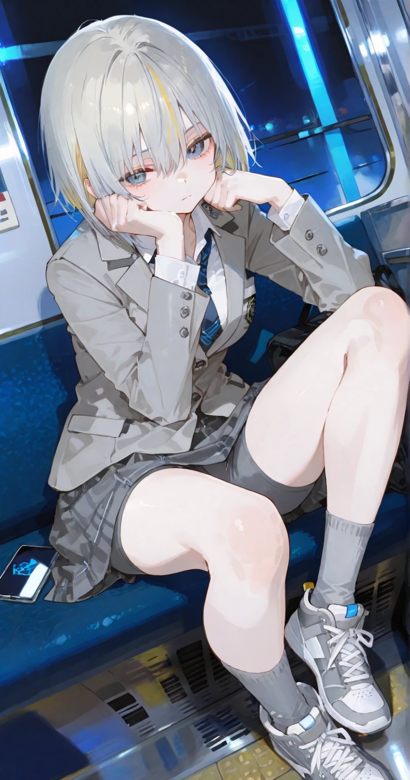 masterpiece, Ultra-high resolution, 8k, high school girl in uniform, Cute face with attention to detail, Beautiful Eyes, School rooftop, Water tank, Looking Down, Full body view, Sitting, There is a fence behind the character, He holds his finger in front of his mouth., The character's gaze is forward, blue sky