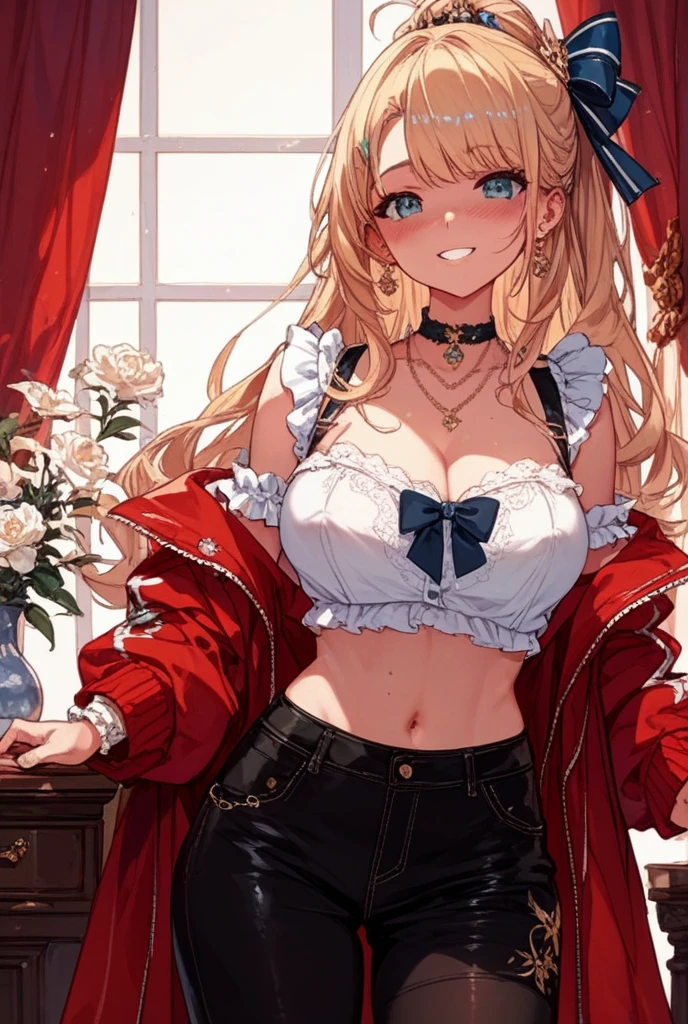 adult girl, longue blonde hair, red eyes, Red Dragon Horns, tattoo, red tight corset, open breasts, Deep wide neckline, open shoulders, Visible navel, Jeans, sitting in chair, Masterpiece, hiquality, 4k, HD, Good detail