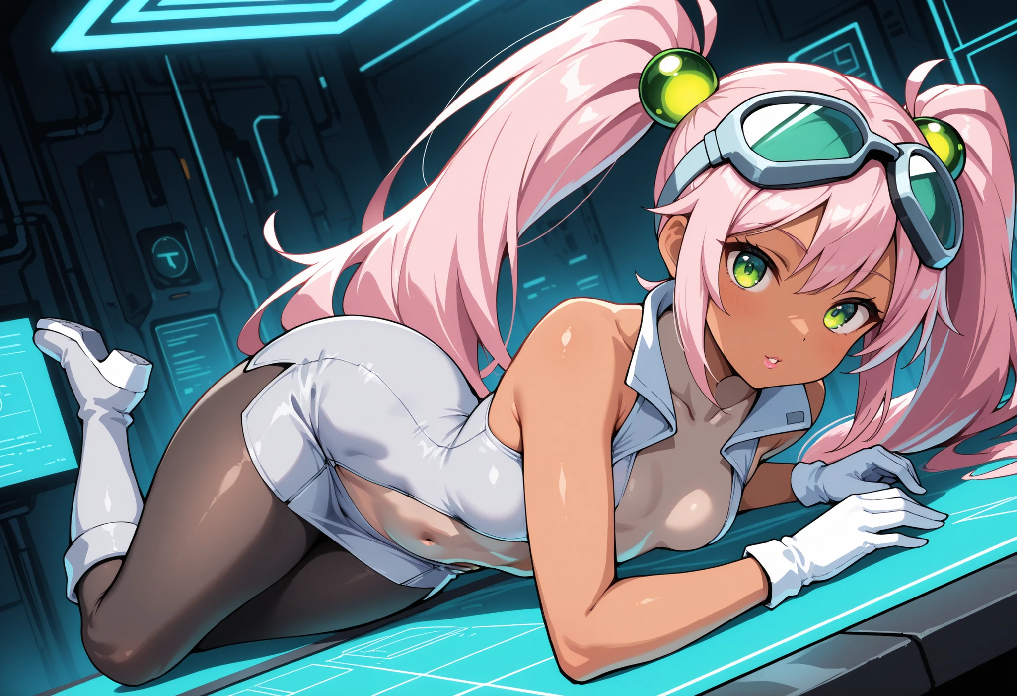 1girl, full body, Lovrina-inspired character, tan skin, vivid pink hair, very long pigtails, green eyes, looking at viewer, wearing a futuristic short dress (grey stomach, sleeveless), black pantyhose, grey thigh-high boots, white gloves, goggles on head, green bobble ornaments, visible collarbone, perfect face, glossy lips, thick thighs, flat breasts, in a futuristic tech lab, neon lighting, (8k, ultra-detailed, crystal clear quality), masterpiece, best quality, high contrast, cinematic lighting, moody atmosphere, dynamic angle, pent over table