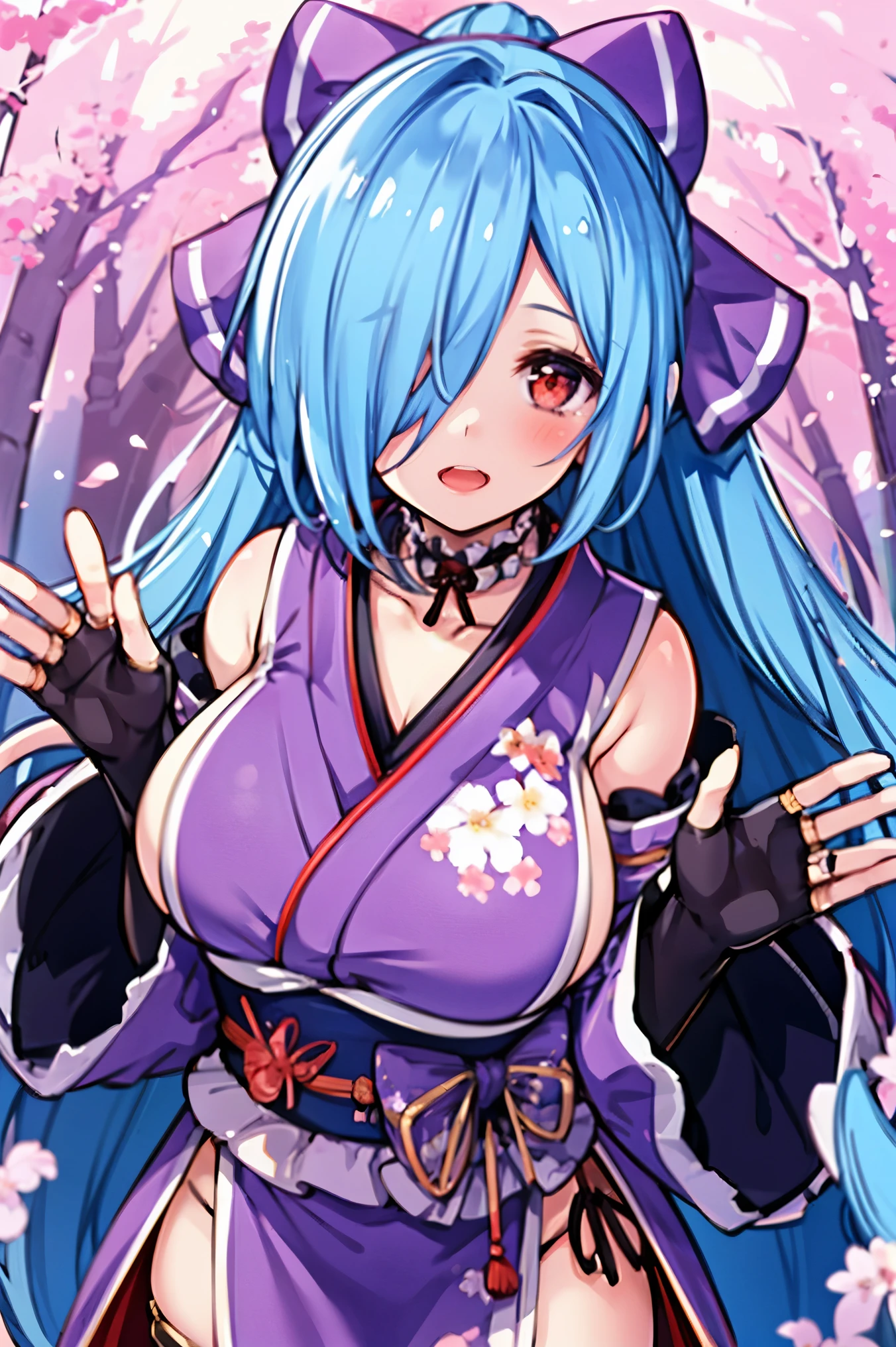 masterpiece, best quality, integrated scenery, integrated background, extremely delicate and beautiful, meticulous details, good composition, , cute face, perfect face, best quality, (1girl, solo),
yamato iori, oung_girl, virtual youtuber, solo, gloves, bow, hair bow, long hair, hair over one eye, thighhighs, blue hair, fingerless gloves, red_eyes, japanese clothes, detached sleeves, ponytail, looking at viewer, black gloves, very long hair, (heavy&soft_large_breasts:1.4), purple bow, kimono, smile, open mouth, transparent background, standing, sash, obi, purple kimono
blush,cherry blossoms,
( outdoors, forest, upper body, dynamic pose, looking at viewer, ),plump,raise_arms,long_sleeves_covered_hands,