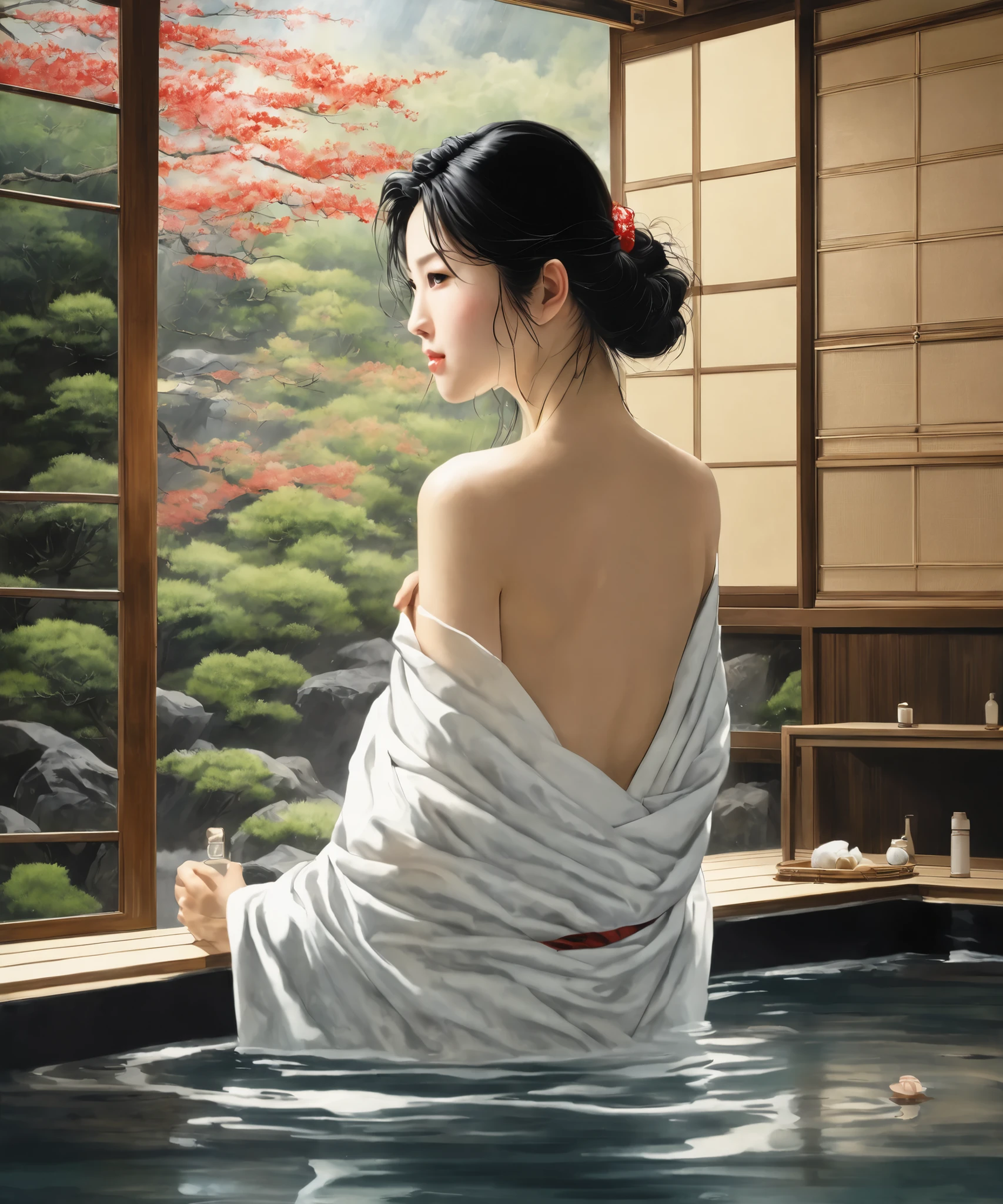 Japanese bath, the girl is standing under the cover of a towel