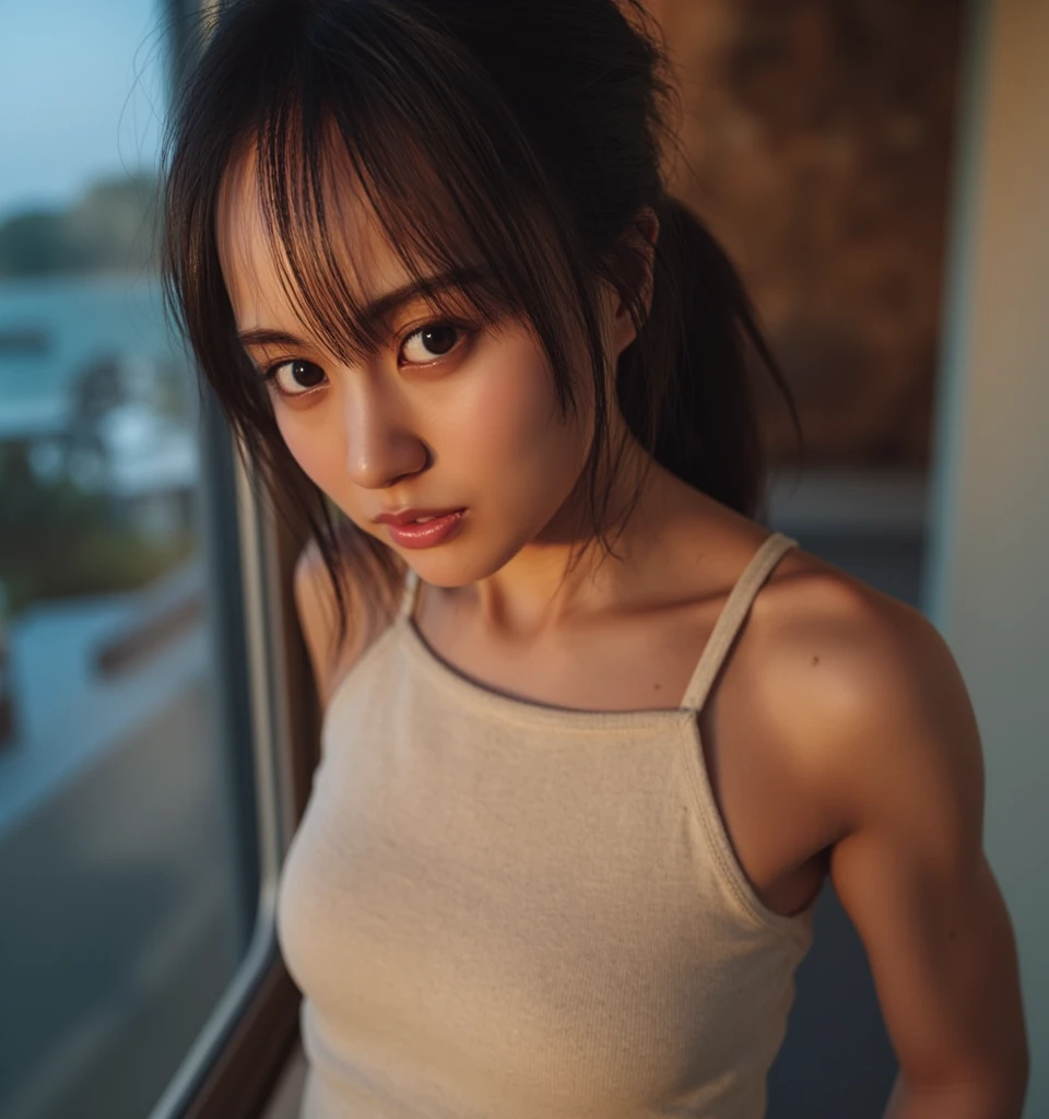 analog film photo, photo of a teenage punk, female, amber eyes, layered emo ponytail, tan complexion, Japanese ethnicity, tall stature, curvy, voluptuous hourglass figure, busty bosom, full wide hips, plump round buttocks, wearing a Calvin Klein sports bra and a plaid skirt, posing on a Tokyo rooftop, RAW Photograph, dslr, soft lighting, high quality, film grain, Fujifilm XT3, detailed skin with visible pores, insane details, masterpiece, 8k, 35mm photograph, dslr, kodachrome, faded film, desaturated, grainy, vintage, Lomography, stained, highly detailed, found footage, close-up shot