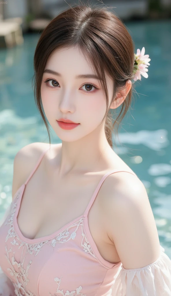 (((best quality))),(((ultra detailed))),(((masterpiece))),illustration,(1 beautiful young girl,solo),((slim,thin,small ,flat chest)),(short ponytail:1.2),summer, seaside,sun-kissed skin, white sand,radiant face,(pink floral swimsuit:1.3), vibrant hues, clear blue sky, ocean, shore, rhythmic soundscape, azure waves, white foam, seagulls, soaring, cries, symphony, carefree abandon, body language, confidence, joy, hands outstretched,sheer bliss, sun, warm glow, careful brushstrokes, life-like, interplay of light and shadow, gentle ripples, fine texture, facial expression, serene, emotion, connection, beauty, celebration, youth, pure joy, , longing, nostalgia, carefree days, sound of waves, warmth of sun, skin, lyrics, song, immersion, beauty of summer's day, sea,((from front,upper body))
