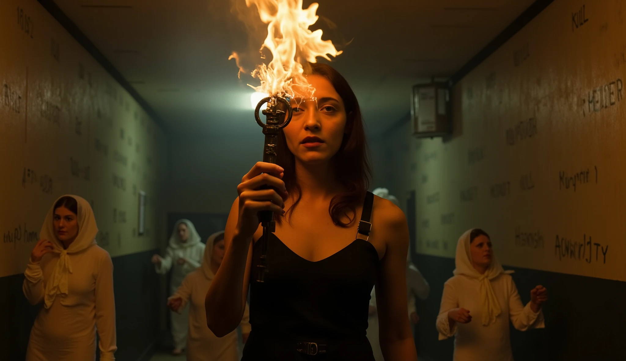 "A woman holding a burning black key, surrounded by ghostly versions of herself, the Watcher disintegrating behind her, asylum collapsing into black smoke, glowing rules burning into the walls, apocalyptic horror visuals, cinematic depth"