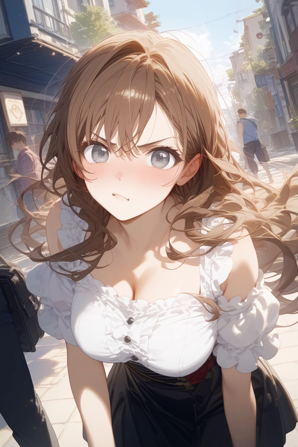 drooping eyes, eyes realistic sizing, ((round face, blush, shame play, emphasize body line, orgasm, open mouth, squirting, rubbing crotch against table corner self pleasure, arch hip)), various pattern thin casual dress, tongue, spread legs, strong sunlight, sweat, dark red hair, braid,