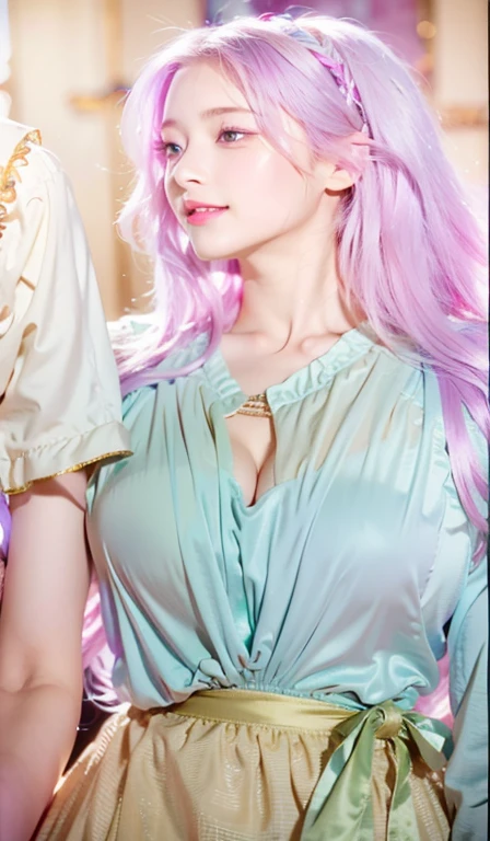Magenta pink hair, brown eyes, older woman, hair ornaments, cat ears, long hair, smiling face, teal and gold outfit, pretty background, sexy, fashion