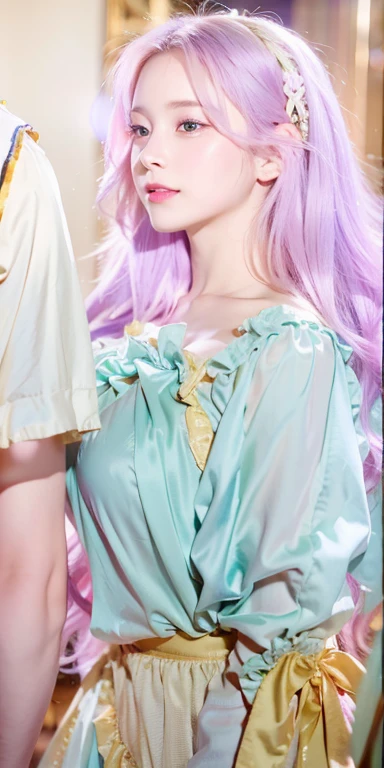 masutepiece, Best Quality, 8K resolution, Sharp Focus, intricate detailes, Beautiful Girl, Sparkling eyes, Golden Ratio Face, Otherworldly liquid, watercolor paiting, Pastel colors, Bright colors, capricious, Colorful, Sharp Focus, High resolution, Fine detail, ((Layered Tiered Puffy Long Sleeve Ball Gown)), ((Round eyes)), Iridescent bubbles, Fantasia background