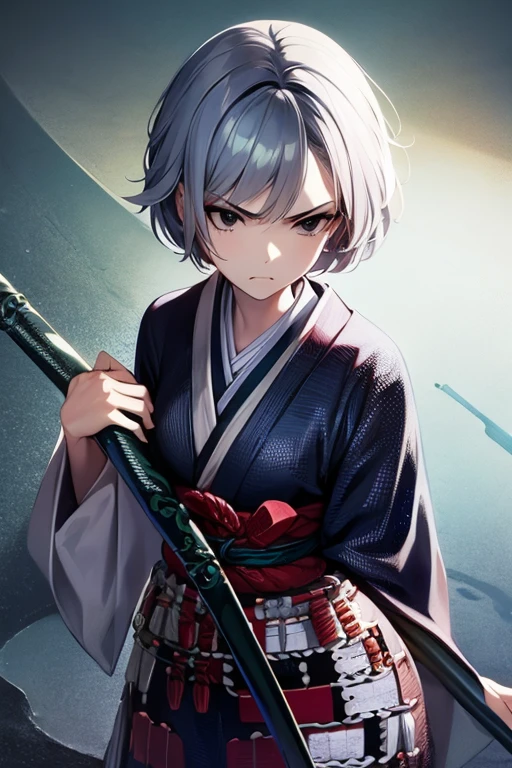 1girl, solo, demon Slayer kimono , bangs,happy,posing, multicolored hair, (masterpiece:1.2), highres, best quality, 8k, forest snowing background, holding katana, crow, water pattern kimono, katana