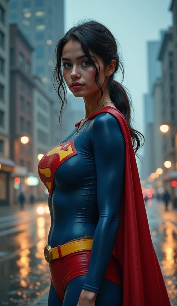 "Create a HQ-style image of a superhero named Dominant Lady. She&#39;s throwing a flatulence grenade back, while in the background, enemies are exhaling their strong odor, clearly affected. Dominant Lady is of Afro-Brazilian and European ethnicity, with light brown skin and wavy brown hair. She wears a fitted black leather outfit, with vibrant red and silver details, a mask that covers the upper part of the face, leaving your green eyes visible, and a short cape fluttering in the wind. She&#39;s leaving the scene with a sweet sadistic smile, walking with confidence. The background is a city at night, with skyscrapers and bright lights, and dramatic lighting highlights your figure, creating a silhouette effect with red and silver highlights on your outfit."