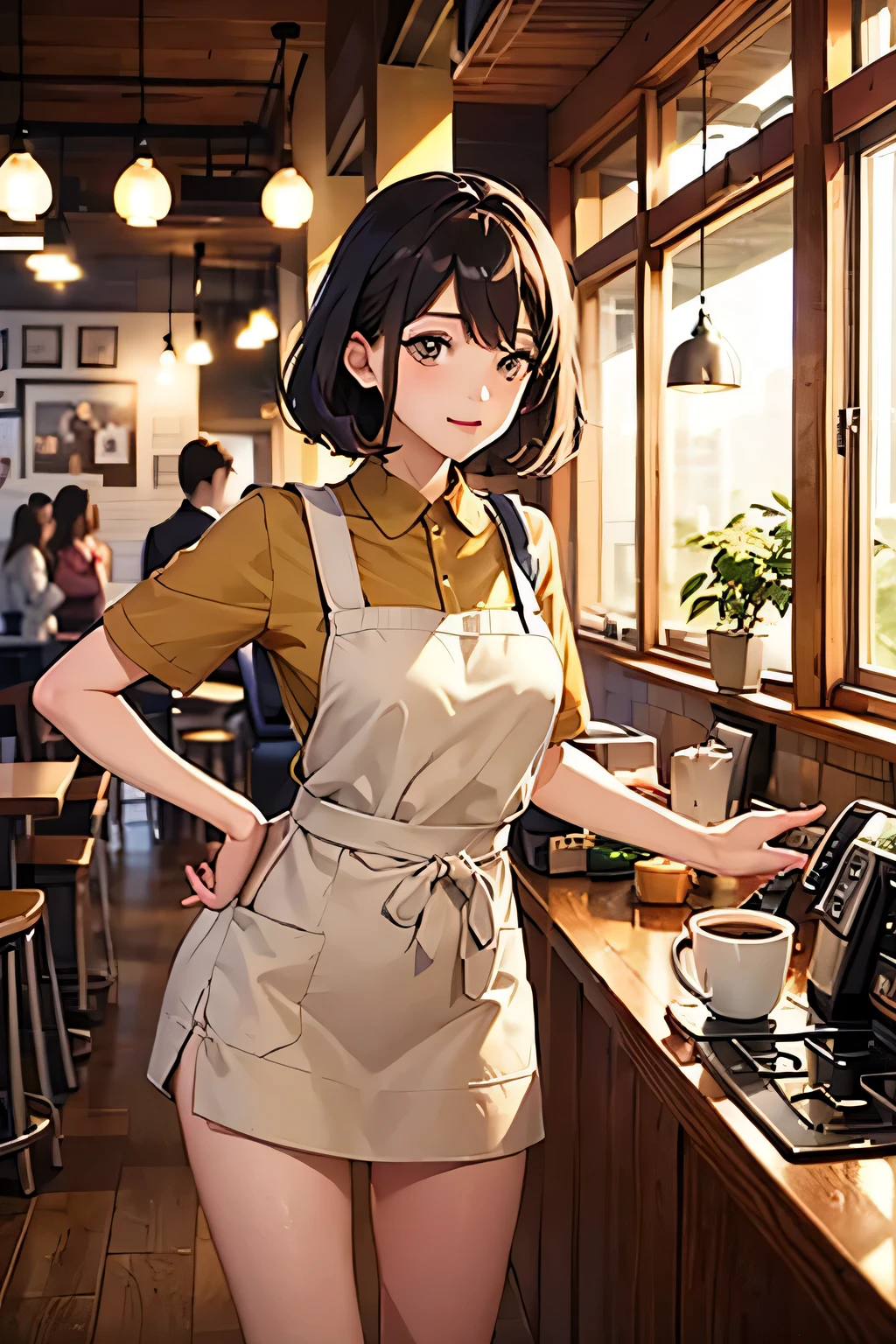 (Masterpiece:1.21),(FHD),(16K),(Top Quality:1.24),(Super Resolution),(Superb Illustration),(Best Shadow),(High Quality),(Super Detail:1.15),(Super Detail), Superb Detail, Elaborate,1 Woman, Japanese Woman,(Housewife:1.5),(40 Years Old:1.3),(Attractive Mature Woman:1.66),(Middle Age:1. 49),Casual, simple blouse,V-neckline,knee-length skirt, blouse in bright colors,pastel shades,(((cafe interior,in room))),(laugh:1.4),(small breasts:1.81),((graduated haircut)),