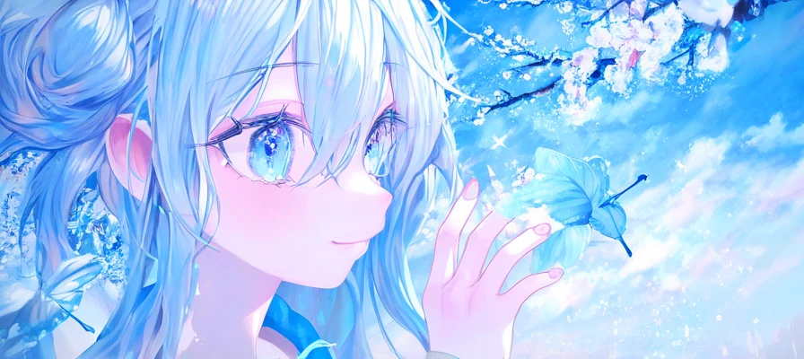 Soft Line, alone,top quality, beautiful, light blue abbasa dress, girl, a puppy, solo, girl1人, happy,is standing, watch viewers, look to the side, semi-long, light blue hair tied at the top, light blue eyes, Eyes Open, pale skin, , , age , colorful,close, calm colors ,score_9,score_8_up,score_7_up,expressive H ,rating_safe,(masterpiece, top quality), happy/joy, bright eyes , , so cute、A girl who looks doted on、The cuteness that makes you fall in love at first sight 、 Alice in Wonderland 、