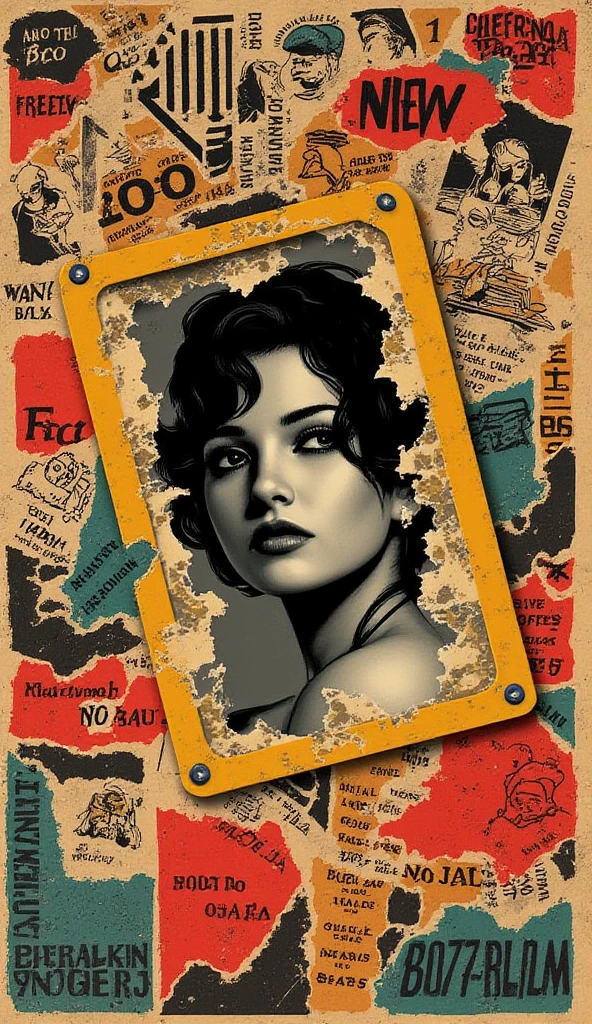 Retro pinup girl collage poster fallout style, A surreal retro collage artwork composed of vintage magazine cutouts, chaotic and rebellious composition, torn paper textures, bold pop colors, absurd juxtapositions, nostalgic aesthetic. Hidden within the vibrant scene is a black and white Filipina-korean beautiful cute pose woman — subtly integrated, fragmented and partially obscured, standing still amidst the chaos. At first glance, unnoticeable, but revealed upon closer inspection. Evokes mystery and contrast, blending nostalgia with quiet defiance.