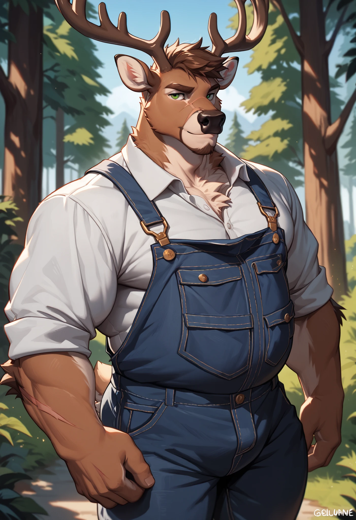 safe_pos, score_9, score_8_up, score_7_up, score_6_up, score_5_up, score_4_up, source_furry, BREAK 1boy, solo, anthro, muscular brown bear man, bara, muscular, detailed fur, sharp teeth, confident, furry body, paws, claws, unbuttoned shirt, hat, jeans, posing, upper body, BREAK outside, forest, blurred background, BREAK photorealistic, realistic lighting