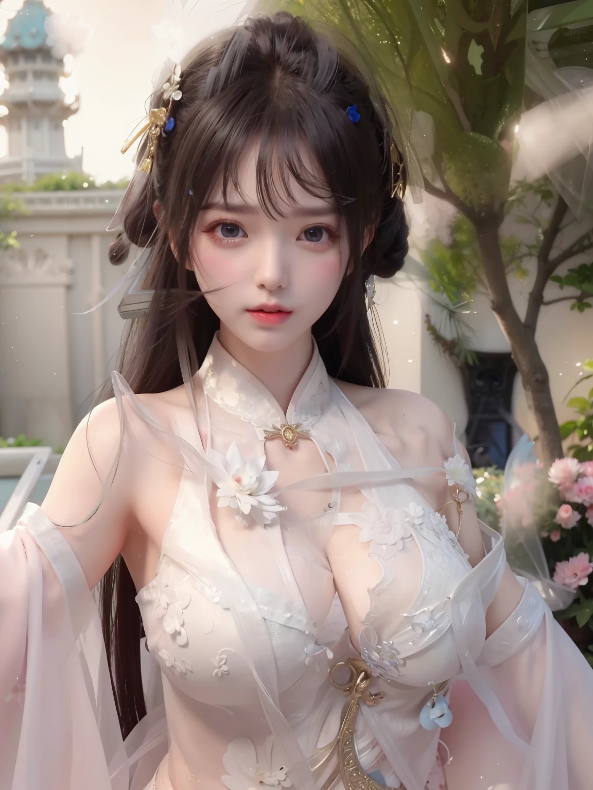 best quality,masterpiece,extremely Detailed details,high resolution,8k,intricate details,realistic,photorealistic,dramatic lighting, 1girl,dunhuang_clothes,dunhuang_dress,small breasts,partially hidden by the clothing,(see-through:1.3),Through a thin veil,glimpses of breasts are visible,creating an alluring and suggestive effect,reveals glimpses of her skin and the contours of her chest, cowboy shot,dancing,