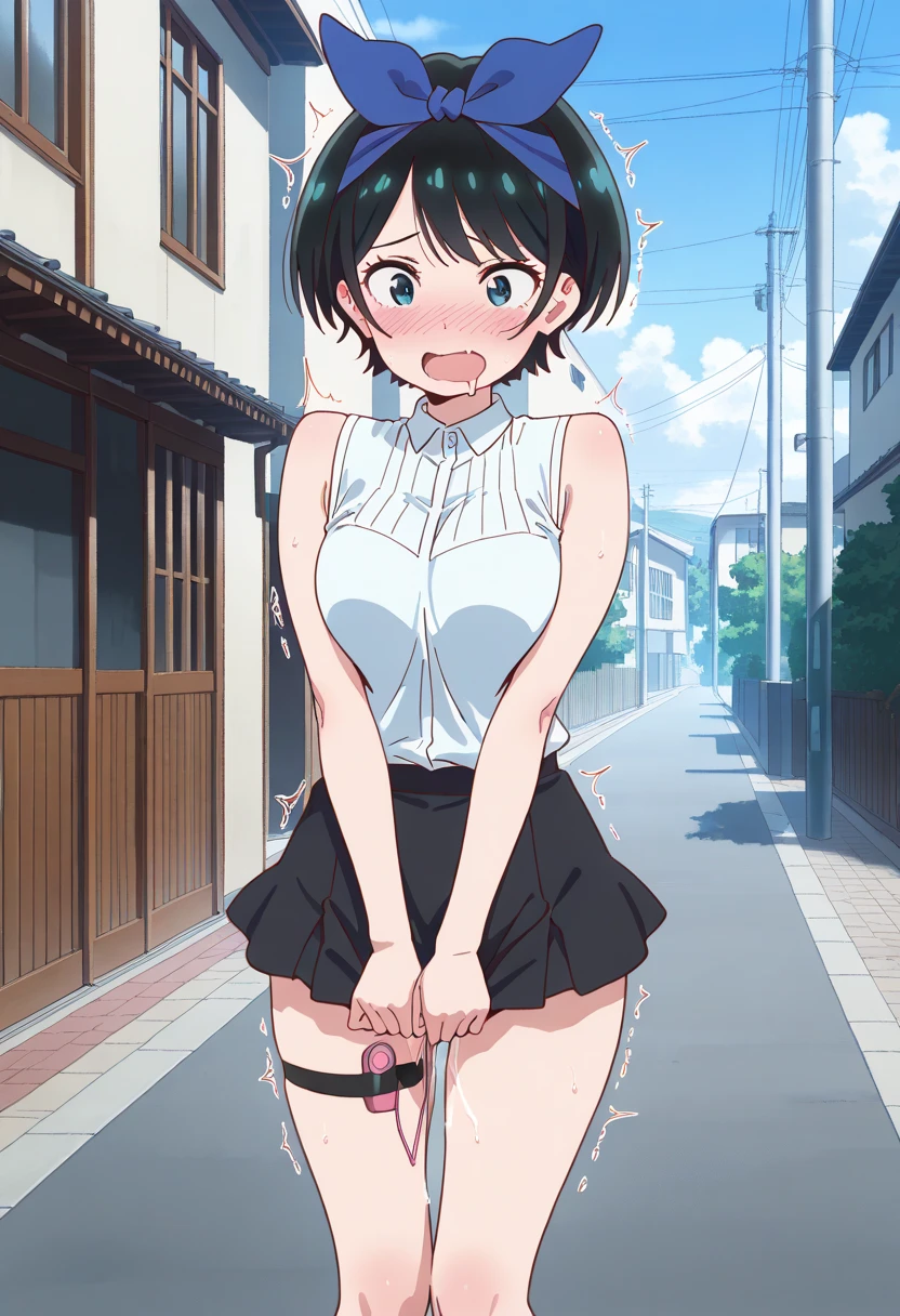 One woman, blush, Open your mouth, Short Hair, Black Hair, Feel Small Breasts Pubic Hair 8k, Very detailed, 16k, (naked), Outdoors, black eyes, pink polo shirt, flipping clothes,Panties fully visible Short sleeves