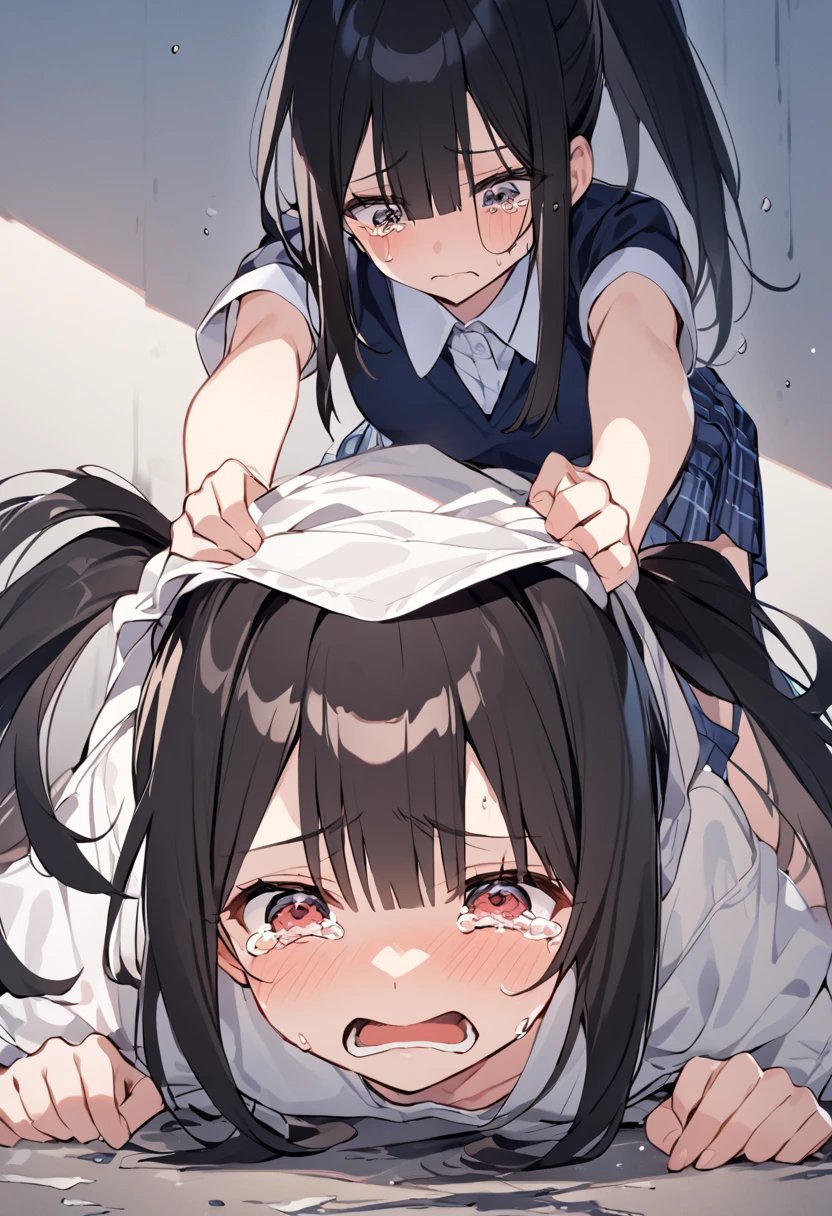 A fearful mother and a daughter with brown hair bound and gagged together at the beach