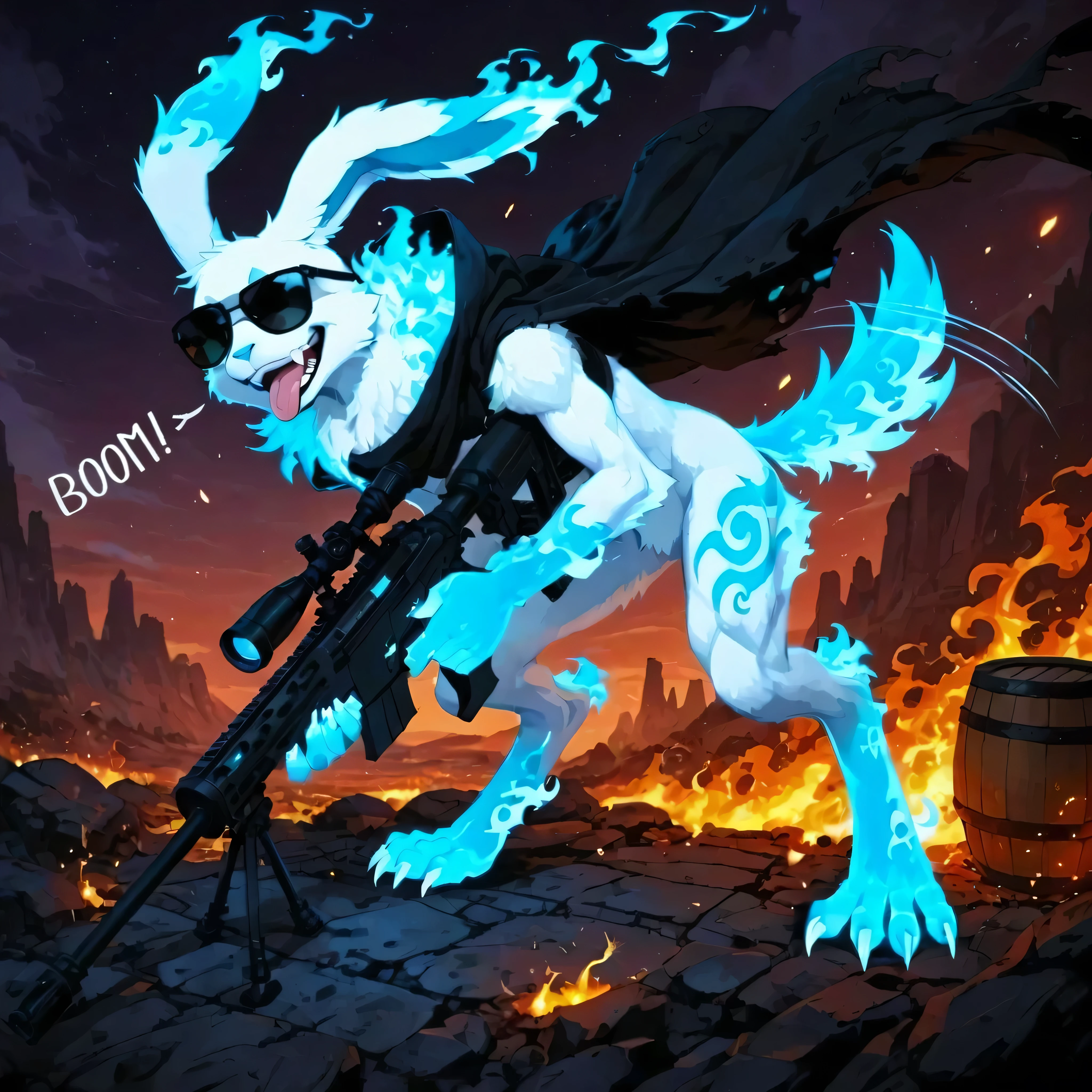 [KuroRabbi🐰♂️] [Theme Military 🪖] [Generate Test*] - (by kluclew), masterpiece, ultra-detailed, solo, outside, nighttime setting, smokey war-torn battlefield, scorched earth, glowing embers, fiery cracks in ground, dark dramatic sky, foggy horizon, cinematic lighting, KuroRabbi, anthro rabbit, digitigrade legs, clawed feet with three toes, white chest fur, chest tuft, toned lean body, fluffy neck, tail wagging slightly, standing in cool stance, leaning slightly forward, sunglasses, eyes open extremely wide, crazy expression, confident insane smirk, mouth open mid-speech, tongue sticking out, dramatic pose, holding Barret .50 cal sniper rifle at ease, barrel pointed at_viewer, chibi-proportioned but fierce, battlefield hero vibe, warm glowing tones, dramatic wind blowing cloak, soft shadows, SFW