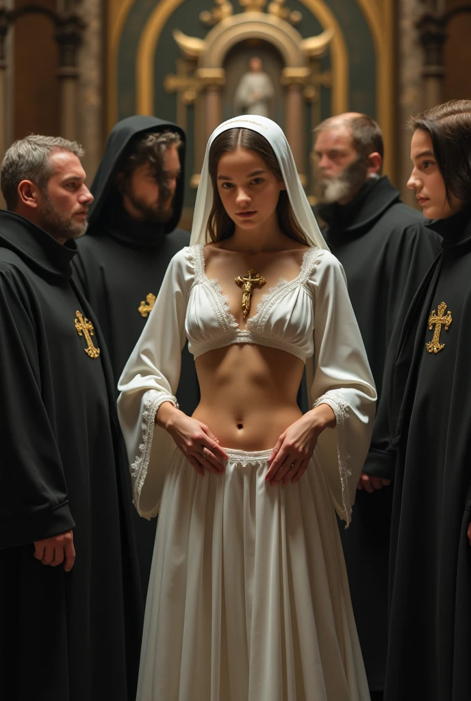 Portrait of a medieval woman accused of witchcraft, with body marks being examined by inquisitors in a dark room.
