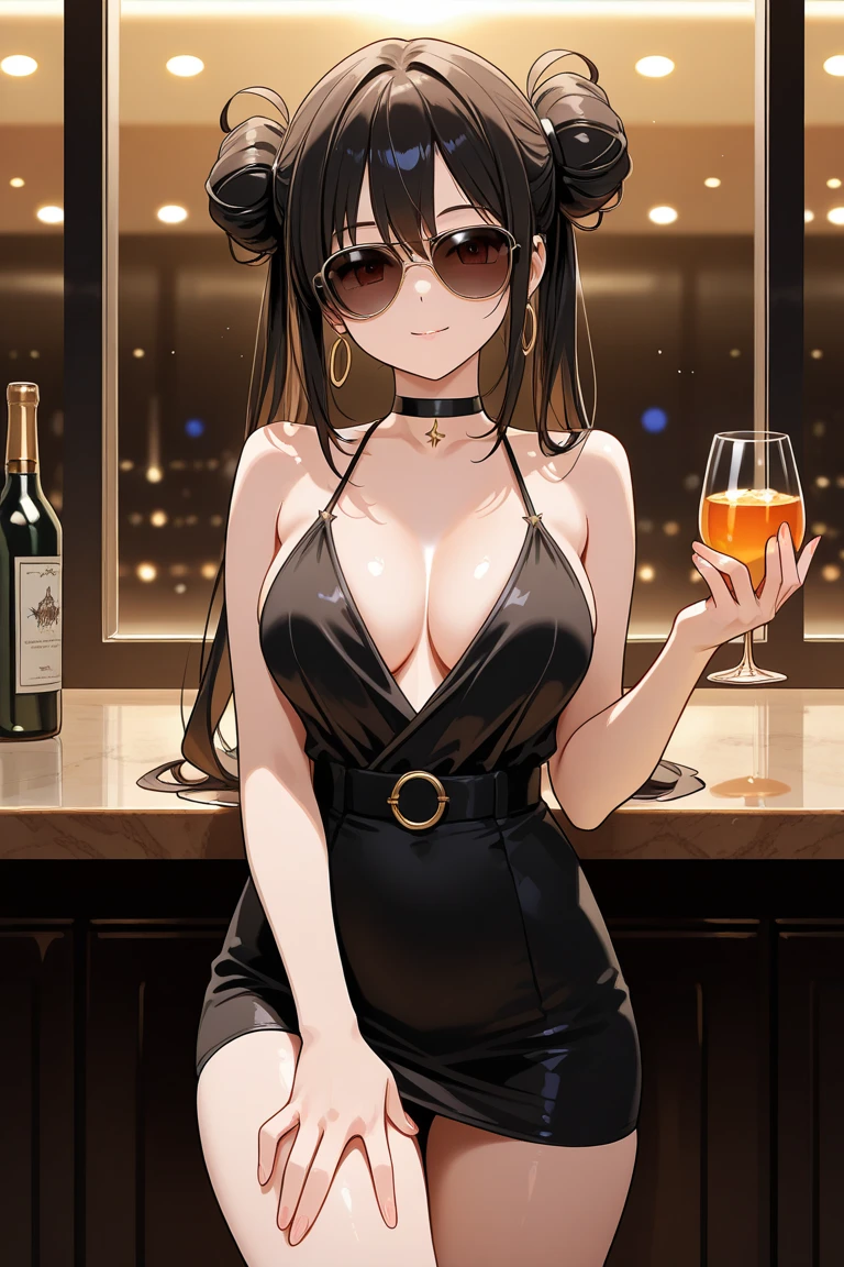 1 hot girl, dark skin, black eyes, high-slit dress, low-cut cleavage, halter, thigh cleavage, at bar, grin, slutty, having sex with a man