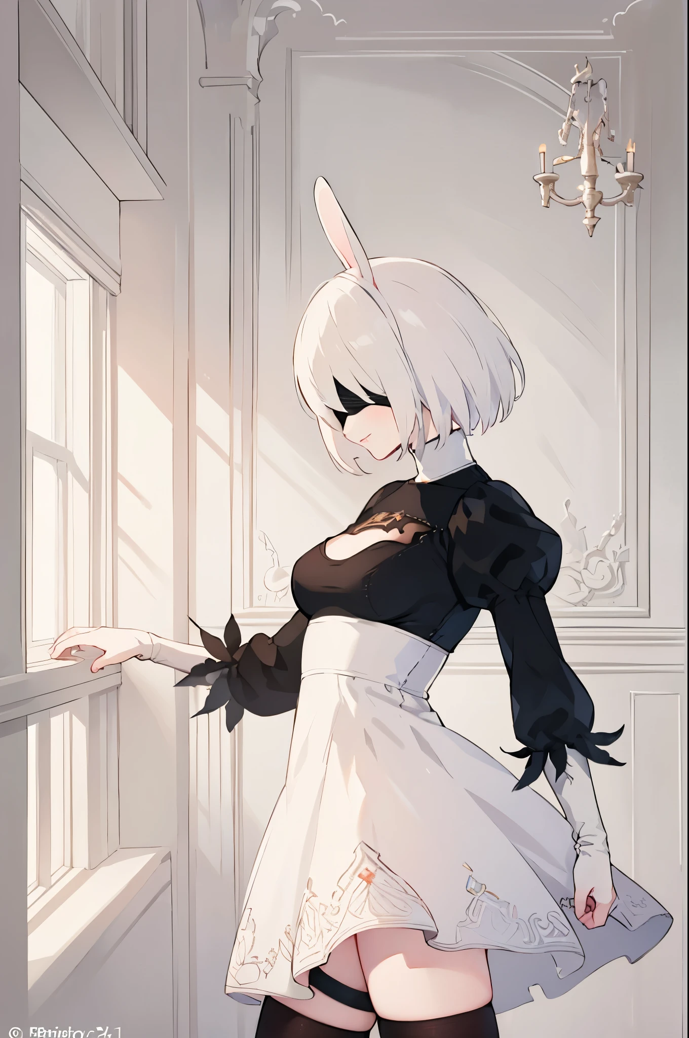 2b, nier automata, yorha, android, black blindfold, female, anime 1girl Cowboy shot Solo Sharp outlines, rich details (long white hair covering human ears, 2long white rabbits ears, 2fluffy ears, pink lips, NO EARRINGS) Iron Collar with O-Ring Subtle natural look with minimal makeup, focusing on her ful body and full pink lips are visible Muscle, full body, tall, abs See-through full body suit, skin tights Left leg +High leg kicking+ Sweating Detailed face, detailed feminine hands From side Smile in a luxurious hotel room, cinematic natural lighting Looking at viewer