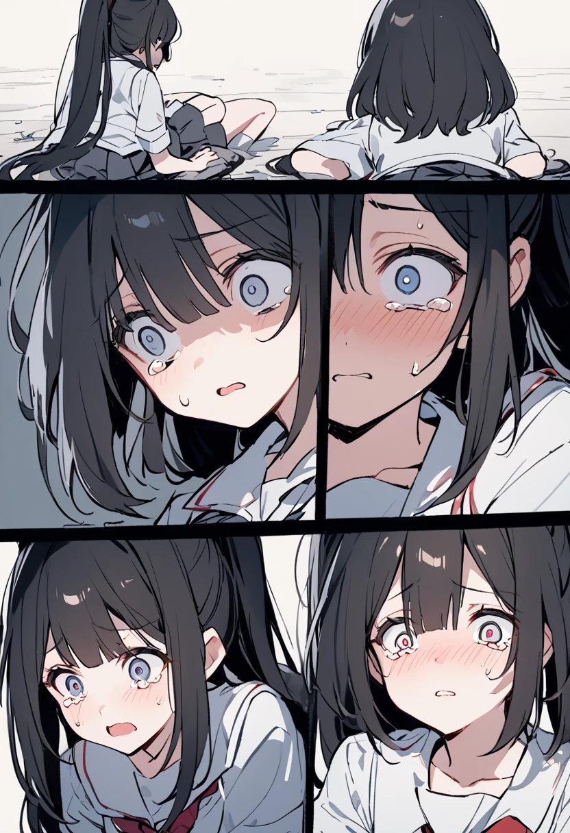 独奏,{{{masterpiece}}}, {{{best quality}}}, {{ultra-detailed}}, {illustration}, {{an extremely delicate and beautiful}},pull down pantie,,black hair,Are crying,Wet and slimy, Shiny wet skin!!, Enchanting anime girl,water eye,steam,blush,Raise eyebrows,blunt bangs,Surprised expression