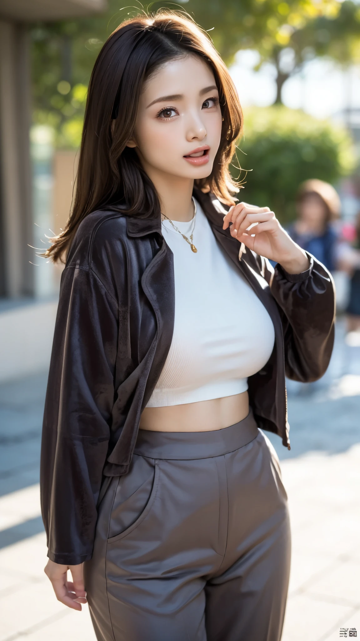 ((Realistic lighting、top-quality、8K、masterpiece:1.3))、Clear focus:1.2、girl with、perfectbodybeauty:1.4、Slim abs:1.1、((dark brown hair、Big:1.3))、(Acceleration:1.4)、Street、tall、Slender face、Narrow-eyes、二重まぶた、Swaying hair、Exposed cleavage、Worn jacket、Super Miniskirt、a necklace、Navel Ejection、Expression of melancholy、