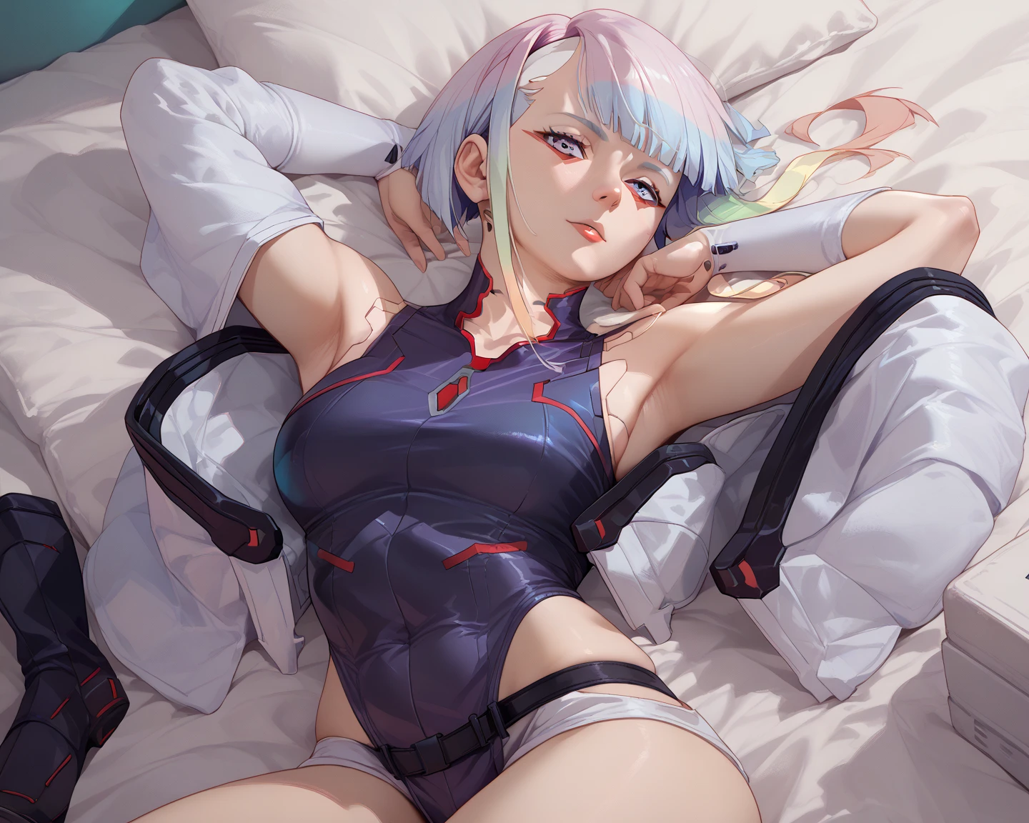 ((((masterpiece, best quality, high resolution)))), 1girl, white hair, red eyes, bob cut, short wavy hair, average breasts, blush, light smile, glow, thighs, bare shoulders, collarbone, narrow waist, cleavage, (beautiful detailed face, beautiful detailed eyes), bedroom, night time, lying on bed, arms up, (from above view), (white lace lingerie, garter belt), hands behind head,