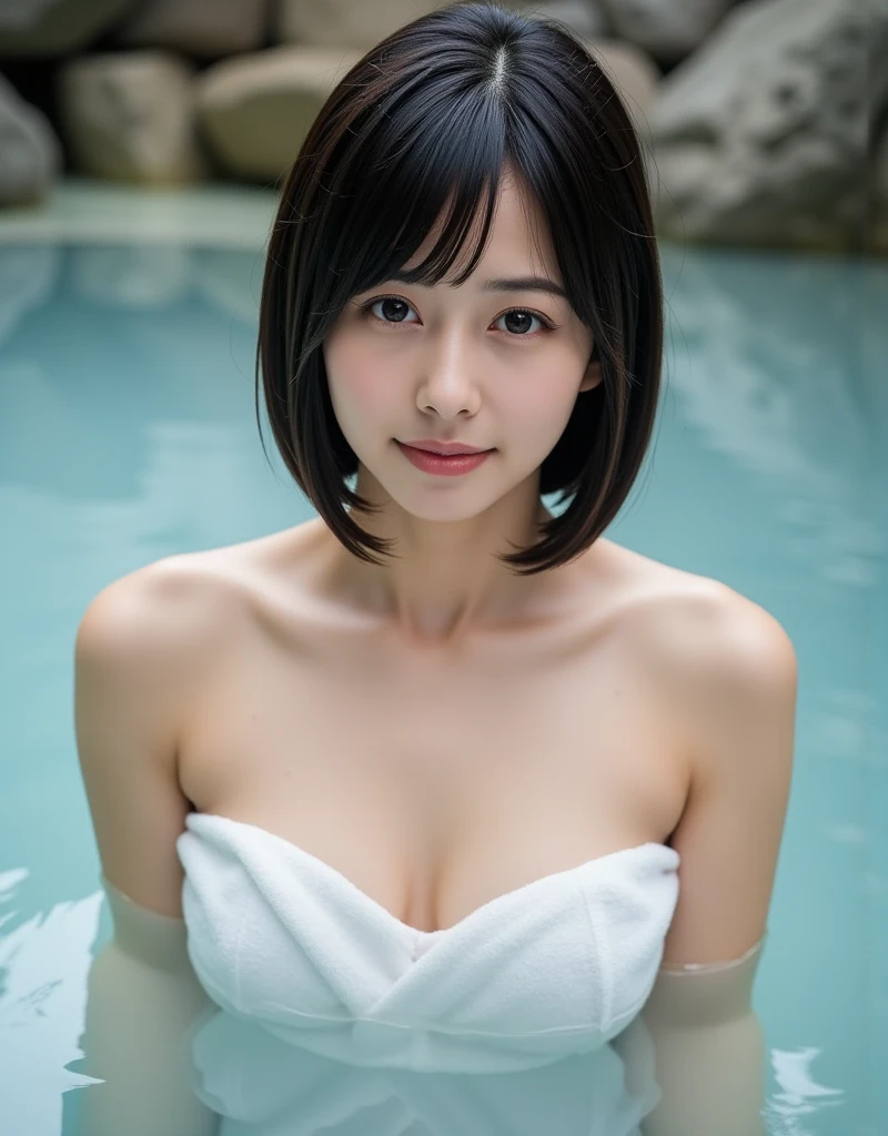 ultra high quality, high quality, Best image quality, 8k, ultra High resolution, High resolution, masterpiece, far and near method, Detailed and realistic human body, Dense and realistic skin, Realistic face in every detail, Realistic reproduction of every detail, Detailed and realistic lips, Detailed and realistic teeth, Detailed and realistic ears, Detailed and realistic hair, Detailed and realistic arms, Realistic reproduction of every detail, (Beautiful Japanese Girl), (Japanese Model), (Japanese women), 22 year old beautiful girl, Black Hair, (medium bob hair ), (cute smile), (Beautiful breasts), (Small and slim body type), (Fair skin), ((naked towel)), (Soft natural light), ((Hot springs surrounded by rocks)), ((Enter the hot spring)), ((A woman warming herself in a hot spring)), ((Soak in a hot spring)), ((Bathing in an open-air bath)), ((soak up to your waist in water)), ((Bathing in an open-air bath)), sit, sitting in a hot spring, Bright lighting, professional lighting, (lighting from the front), (lighting on the face), beautiful shoulders, beautiful collarbones, smooth skin, slim body, cleavage, naked towel,
