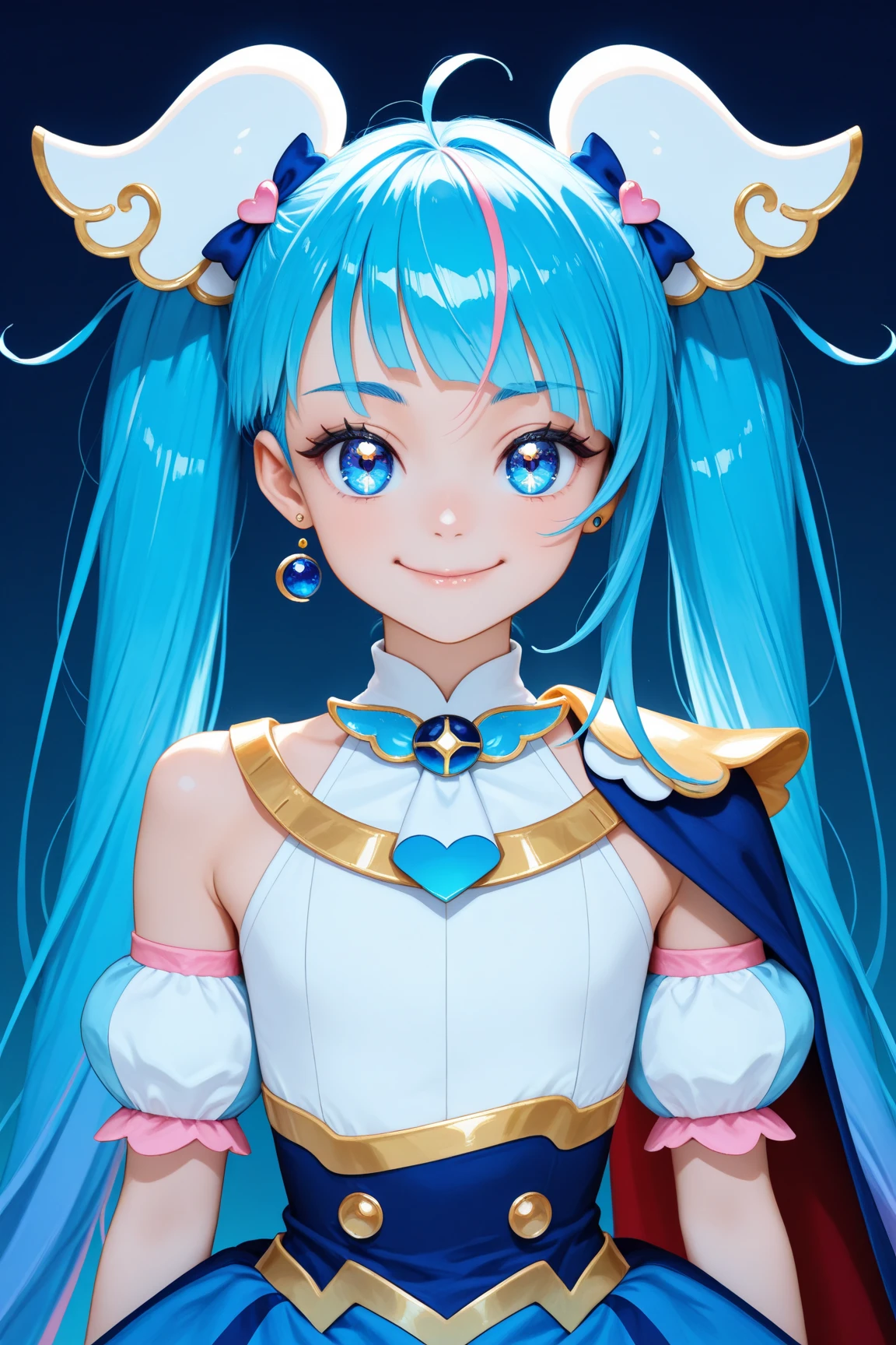 1girl, general,
curesky, flat ,
hair ornament, single earring,
brooch, multicolored clothes, puffy detached sleeves, shoulders, cape,
multicolored hair, blue hair, twintails, very long hair, blue eyes, symbol in eye,
smile:1.2, happy, closed mouth, looking at viewer,
headshot portrait:1.25, straight-on,
standing,
(blue theme, gradient background, blue background)
masterpiece, best quality, amazing quality, newest
