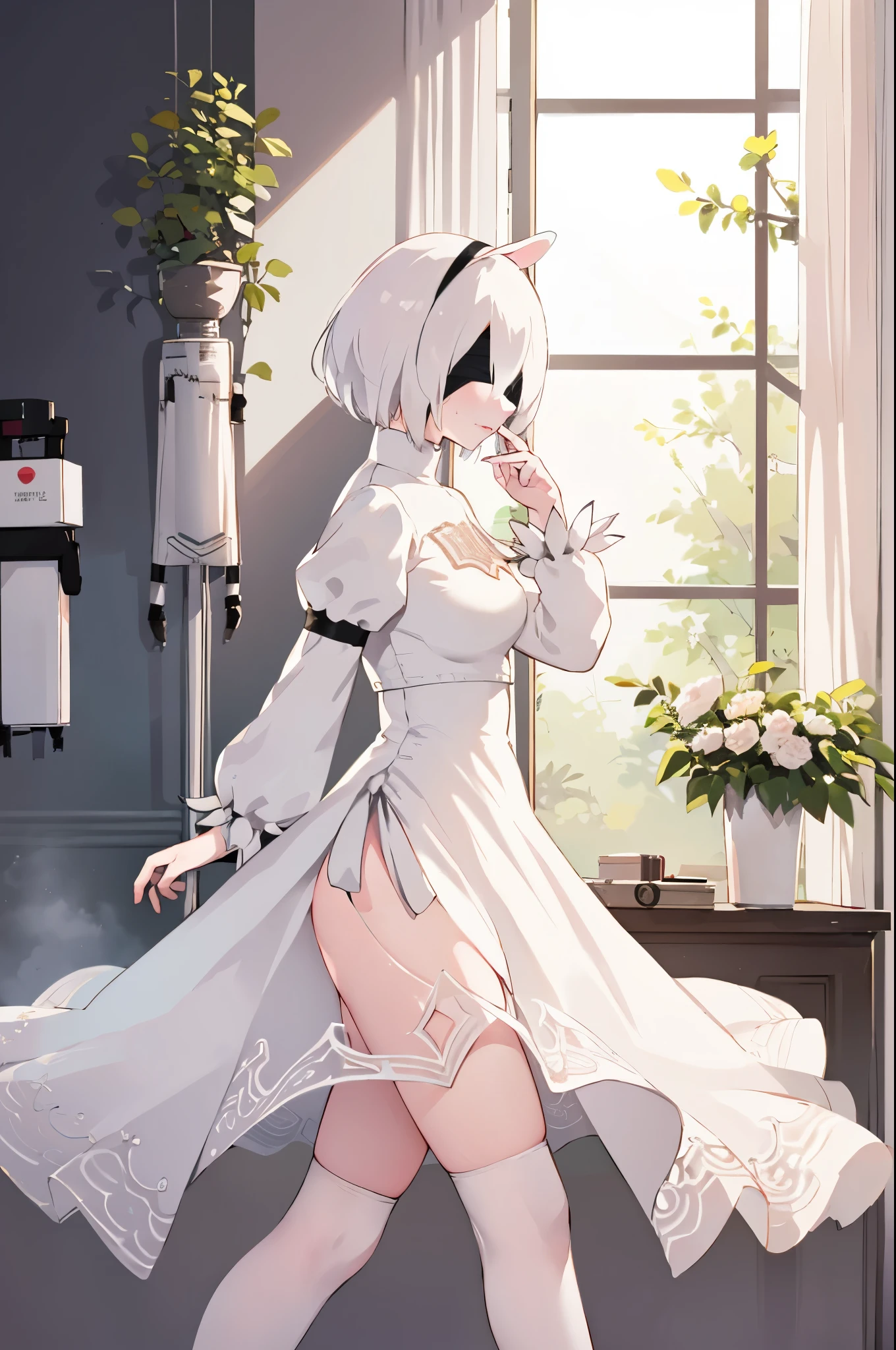 2b, nier automata, yorha, android, black blindfold, female, anime 1girl Cowboy shot Solo Sharp outlines, rich details (long white hair covering human ears, 2long white rabbits ears, 2fluffy ears, pink lips, NO EARRINGS) Iron Collar with O-Ring Subtle natural look with minimal makeup, focusing on her ful body and full pink lips are visible Muscle, full body, tall, abs See-through full body suit, skin tights Left leg +High leg kicking+ Sweating Detailed face, detailed feminine hands From side Smile in a luxurious hotel room, cinematic natural lighting Looking at viewer
