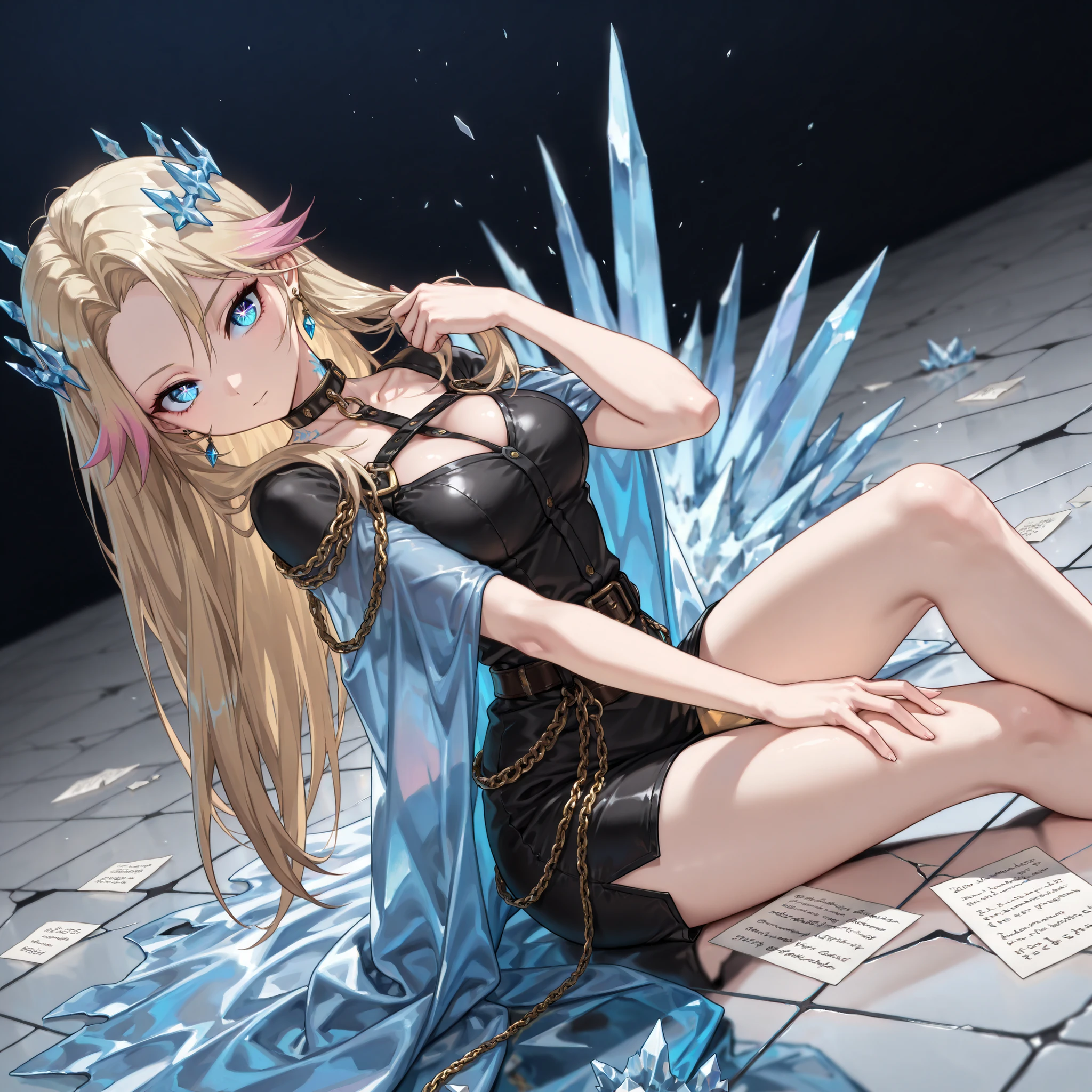 masterpiece, best quality, amazing quality, very aesthetic, high resolution, ultra-detailed, absurdres, (hands:-0.22),
1girl, woman, solo, (looking at viewer, three quarter angle, quarter shot, medium shot:1.19), blonde_hair, long hair, blue_eyes, (naon yuno:0.62), defKat, pink hairtips, corrupted mark, neck tattoo, long hair, earrings posing, modelshoot, modelling, memokeeper, crystal floor, (shattered floor:1.33), cracked floor, reflective cape, tidying her hair, stroking her hair, crystal crown, blue flowing energy, glassy water, sitting on the floor, sitting, pulling her knee to her shoulder, cosmic eyes, chains, belt, golden binds, broken paper, broken letters, collar,
BREAK, depth of field, volumetric lighting
 