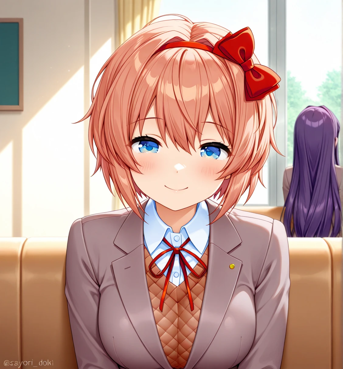 Sukubo, sucubo, chica demonio, pelo rosa o rojo, ojos rojos, labios enormes, pelo largo, pechos grandes, Figura de reloj de arena, (cintura estrecha), confianza, superioridad, malcriada, muslos gruesos, cardigan, de pie, en el infierno, bow tie, pendientes, comercio, tema rosa, sweater, diafragma, falda plisada, sonrisa, sonrisa malvada, medio plano, pov dinero, ((pov desde abajo)), punto de vista bajo, beso, kiss, kisscam, pov kiss