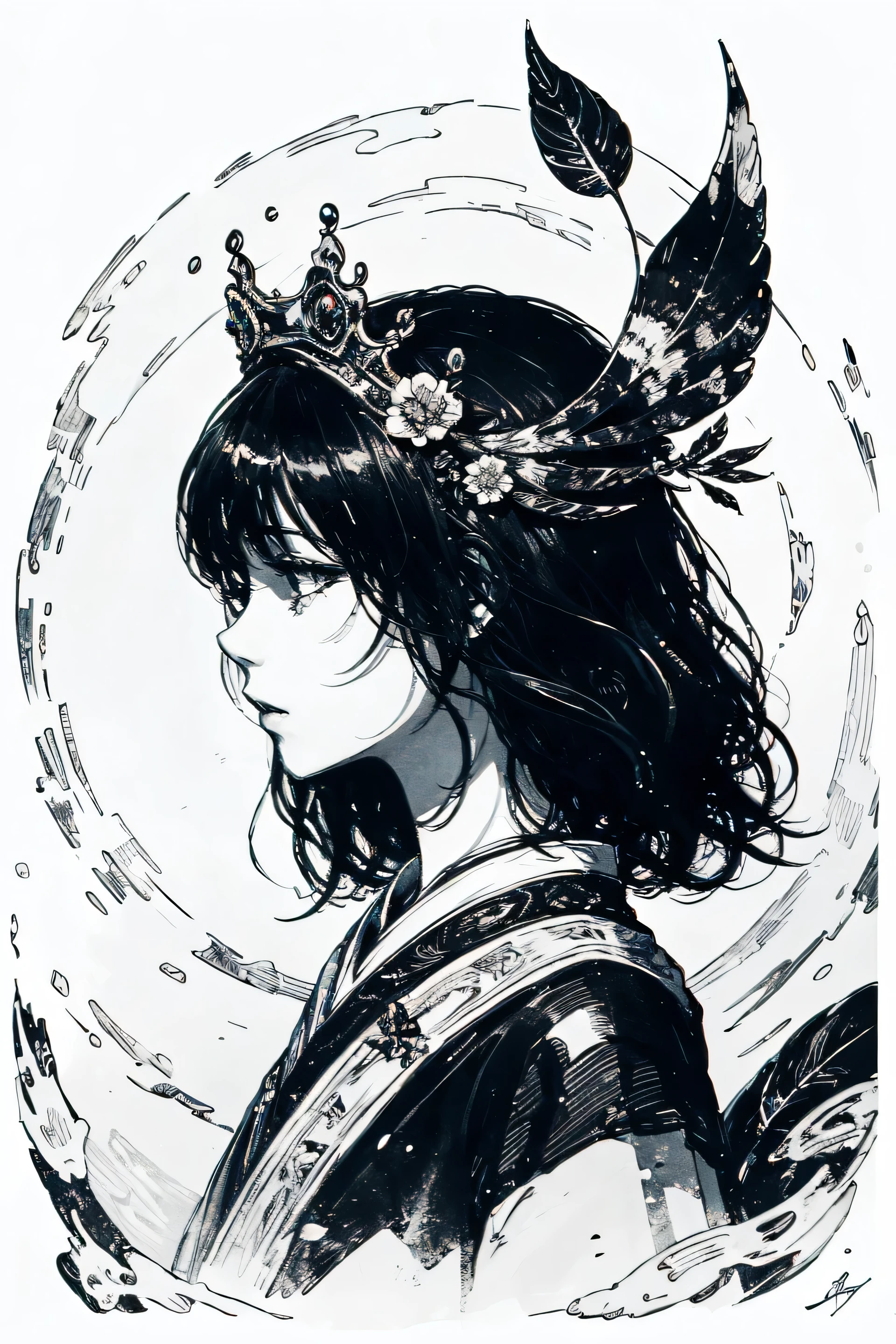 (bust shot, close-up), a beautiful ancient Chinese empress, delicate modern Asian face, sorrowful gentle smile, subtle sadness in her eyes, traditional royal makeup, ornate jade crown, hanfu with flowing silk, detailed ink brush lines, soft expression, traditional Chinese ink painting, sumi-e style, monochrome color scheme, blurred background, black ink silhouette of phoenix flying in the mist, feather-like brush strokes, paper texture, ethereal atmosphere, emotional depth, fine art, masterpiece, solo, single female, one person, centered portrait, looking straight

