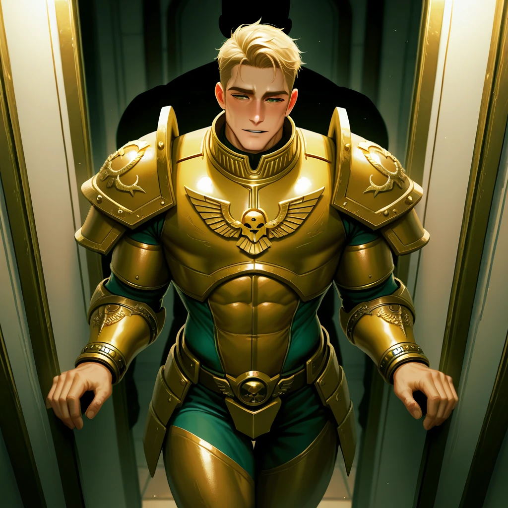 A naked blonde muscular superhero with massive muscles wearing a metallic jockstrap, boots and a cape in green and yellow, looking handsome and beautiful, seen from just below.