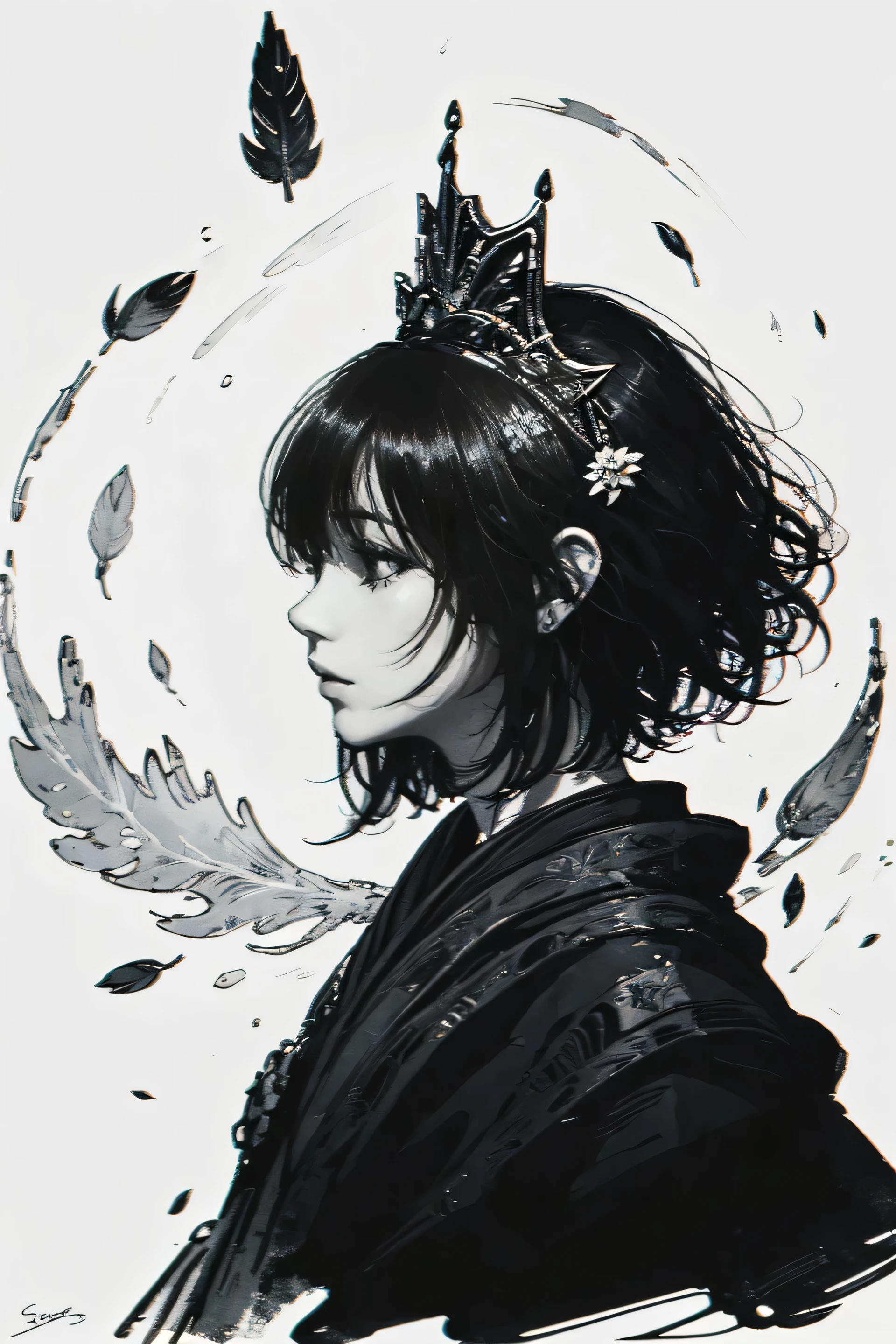 (bust shot, close-up), a beautiful ancient Chinese empress, delicate modern Asian face, sorrowful gentle smile, subtle sadness in her eyes, traditional royal makeup, ornate jade crown, hanfu with flowing silk, detailed ink brush lines, soft expression, traditional Chinese ink painting, sumi-e style, monochrome color scheme, blurred background, black ink silhouette of phoenix flying in the mist, feather-like brush strokes, paper texture, ethereal atmosphere, emotional depth, fine art, masterpiece, solo, single female, one person, centered portrait, looking straight


