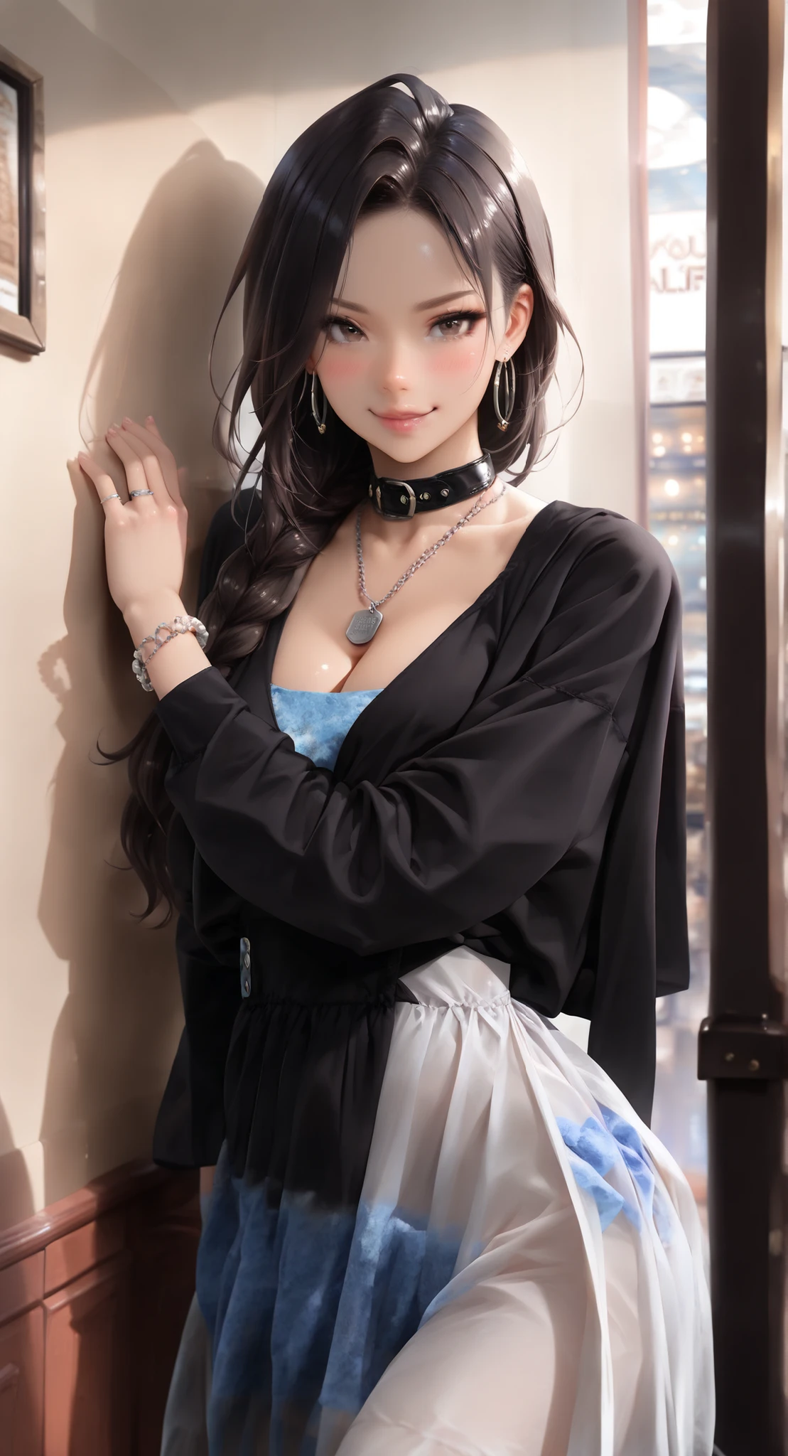 (Masterpiece, best quality, vibrant, high contrast, hyperrealistic, top quality, high sharpness, realistic, ultra realism, sharp, detailed clothes, highly detailed character, High Resolution, 16k, very detailed, Volumetric lighting, depth of field, cinematic, vibrant, dynamic lighting, dramatic light. Atmospheric effects. :1.3), 1girl, solo, (25, twenty five years old, young adult), Perverted, Nymphomaniac, Korean, soft oval-shaped face, brown slanted eyes, small heart-shaped lips, (long silky-flat black hair with layered waves, parted bangs, strands framing face), sun-kissed skin tone, (Height: 168 cm tall, 5'6"), (Weight: 45kg), (Personality: ENFP), curvy and feminine figure, large-medium soft breasts, slim waist with gentle inward curve, slightly defined and petite midriff, slightly wide hips, thick and supple thighs, fit but round butt, (wearing a Black Bandage Long Sleeve Dress), tiny silver hoop earrings, thick black collar, silver rings on fingers, silver and bead bracelets, military dog tag on silver chain necklace, thick black eyeliner, blush, lip gloss, gives off a I want to fuck vibe, cozy coffee shop background, Akihabara backdrop, leaning against wall and waiting at cafe, heavy lidded eyes, knowing smirk. model-level beauty, beautiful, full lips, cute nose, cute with slight naughty edge, Scene: She is waiting for her boyfriend to arrive, cleavage, yujimin, show off bellybutton, Occupation: kpop idol, idol beauty, nsfw, Known for her "Dick sucking lips".