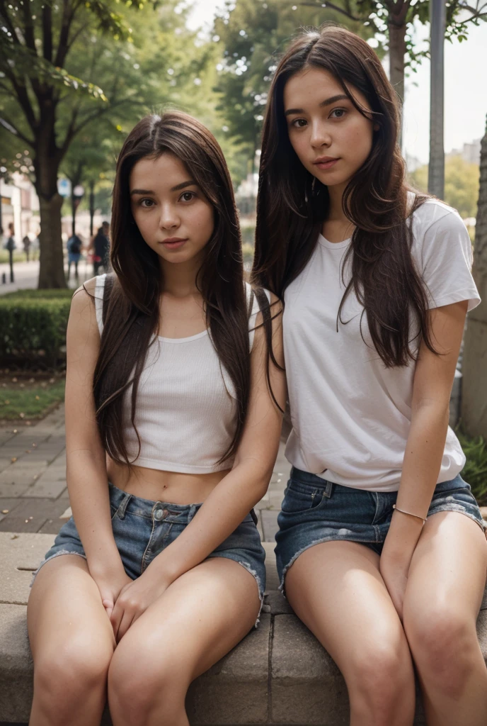 18 year old woman, colombiana , tez blanca ,Light brown hair, ojos color miel, cuerpo perfecto, dressed in a short indigo skirt and a white t-shirt without a bra , sitting in an outdoor park in the city of Medellín