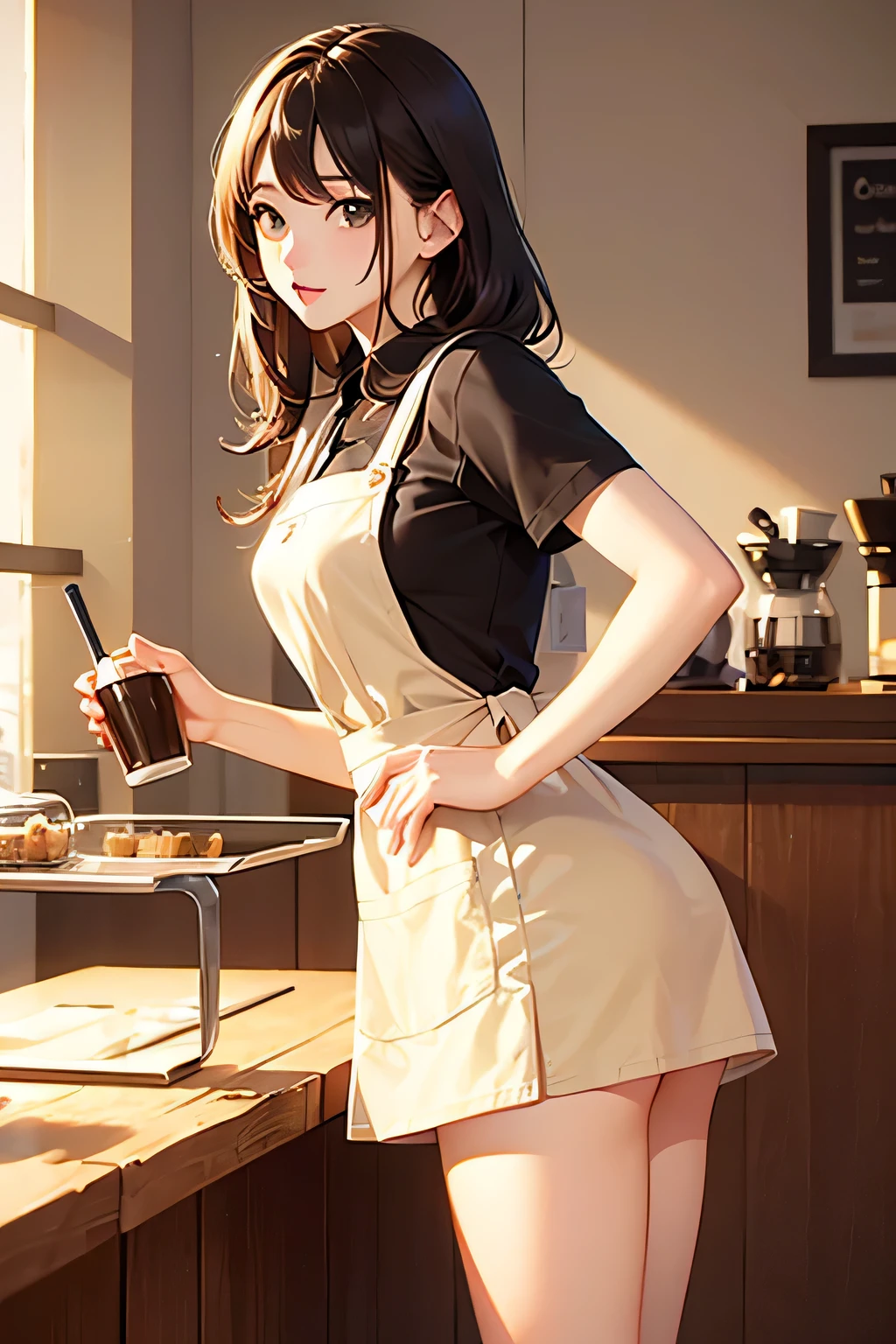 animation、HD、high resolution、Woman working in a coffee shop、miniskirt、early morning、soft light、Retro interior、 beige apron 、
