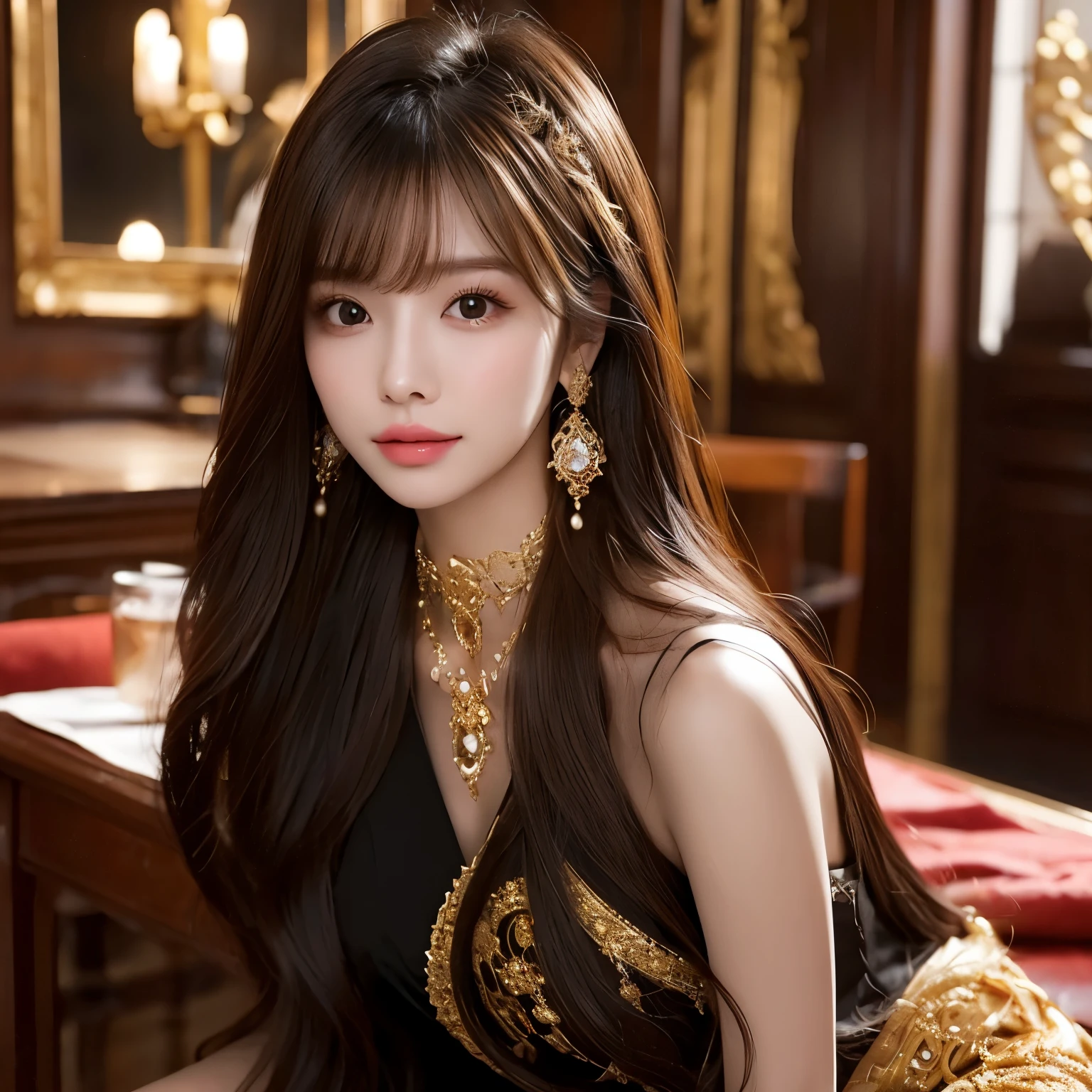 (top quality、top quality、 highest resolution 、 Super Real Photos、full body image、masterpiece、16k、) her hair is longer than her height!She's a beautiful woman with very long hair。 beautiful hair 。 Wakai Female。she is 23 years old。 her hair is about 10 meters long 。Her hair is much longer than her own height.。 most beautiful face in the world 。 A very beautiful face with clear eyes and nose 。 the longest hair in the world 。 World Long Hair Contest Winner 。She's a world long hair champion。 The length of her hair is amazing 。A beautiful woman with a lot of hair 。 hair longer than Rapunzel 。 describes all of her long hair 。 extra long straight hair 。smile。depicting every tip of her hair 。彼女の驚くほど長くてbeautiful hairを全て描写する。she is sitting at her luxurious study desk、stroking her very long hair。 Much of her very long hair is flowing down the floor。My den is filled with her hair。The study is full of red, blue, and white rose petals。The desk is filled with jewels such as diamonds and rubies and it's gorgeous。Terribly shiny hair。The finest study。a den filled with gold and silver treasures。she is proud of her long hair。straight black hair。The location is a gorgeous study studded with jewels。, a woman with beautiful proportions。Super long black hair。straight black hair。