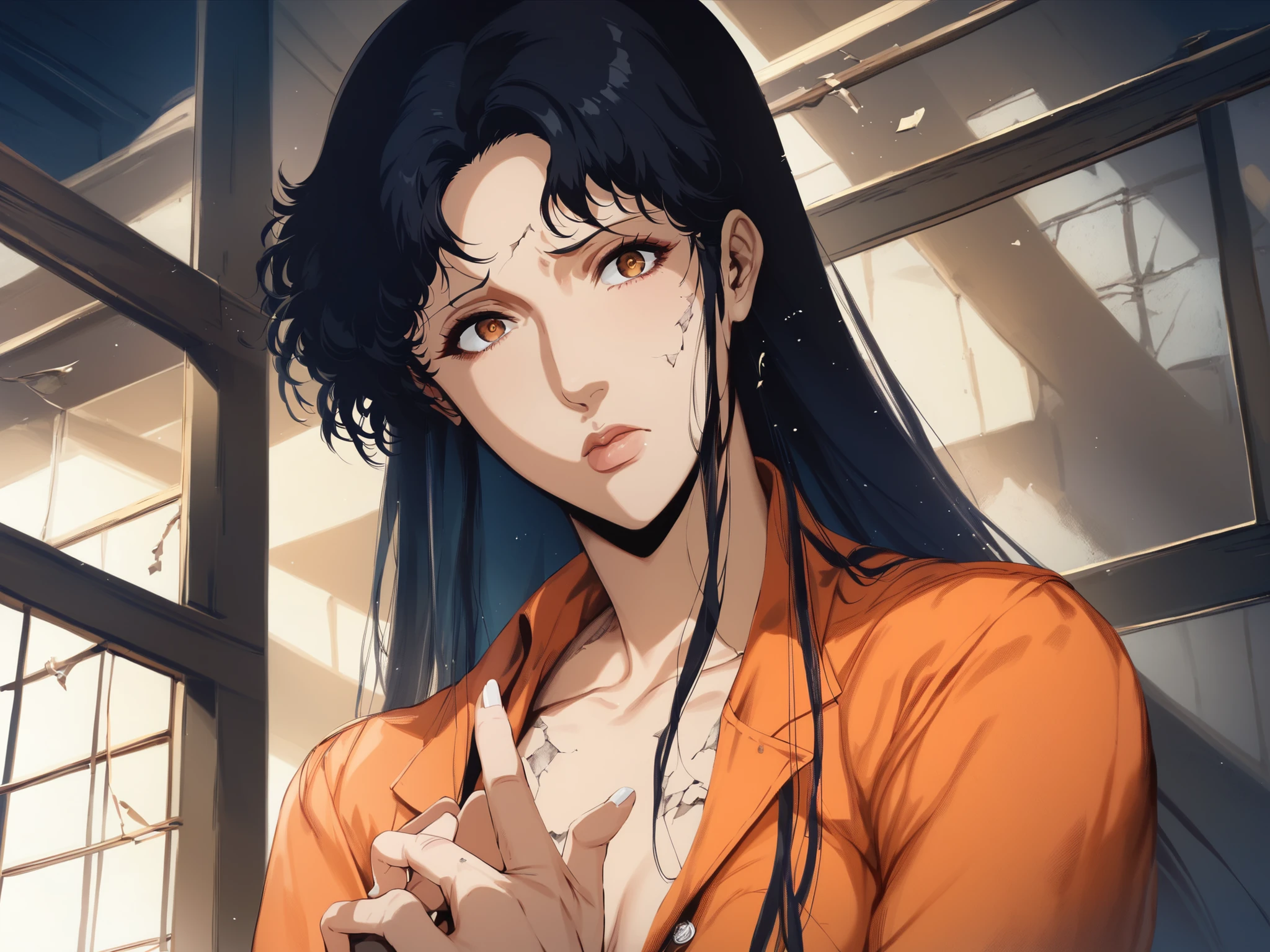 ultra-realistic photography, masterpiece, high quality, (overdetailed face and eyes:1.3), overdetailed. Drop dead gorgeous , beautiful, cute 24 year old young female model, radiant skin . Her long, dirty ombre hair naturally flows down her shoulders . She has beautiful blue eyes. She has high cheekbones ., , thinly straight nose , and full , naturally pink lips , slightly shaped into sad , trembling expression . Her face is covered in tears , , x} conveying deep sadness . Her nails are styled with very beautiful, medium, white rectangular manicure . She is naked and doesn't wear outerwear, only the unbuttoned orange prison shirt-jacket, and identical orange prison pants . She is located behind detailed densely spaced metal prison bars, forming a cell , her hands hold tightly to the bars . She looks down at the floor , turns away from the camera with very sad with a broken and broken expression. Decor — detailed prison cell : cold, grey concrete walls , rough and slightly stained with cracks . small, rectangular window high on the wall is covered with thick, vertical metal bars , , allowing a dim ray of light to penetrate , , radiating a dark glow . The floor is chipped and bare concrete , , , enhancing the harsh and oppressive atmosphere . A bed is visible in the background . The scene emphasizes isolation and despair , with a dark tone and bright , overdetailed realism.