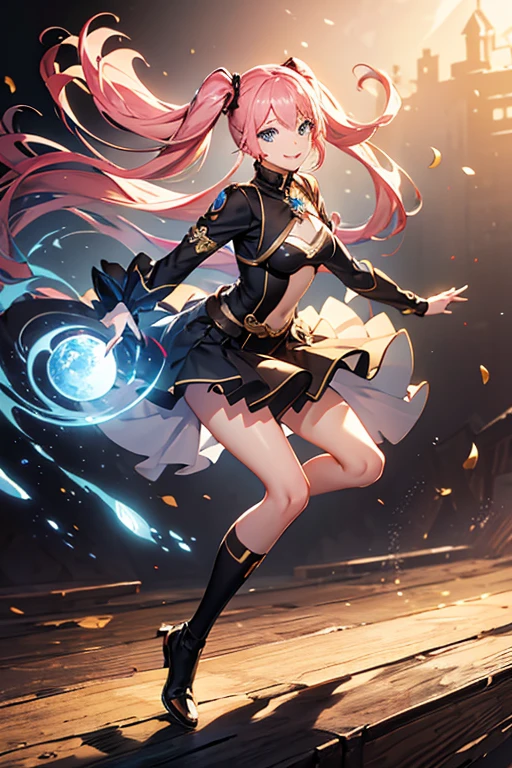 (artwork, highest quality, highest resolution, distinct_image, detailed details): (8K, 4K, best quality, High resolution: 1.2), artwork, Ultra-detailed, hyper details, cinematic Light, Alone, woman, long pink hair, tight metallic clothes, short skirt, cleavage between breasts, perfect body, thin waist, heroine pose, mature, full body, looking at the viewer, detailed_background, full_body, dynamic_angle