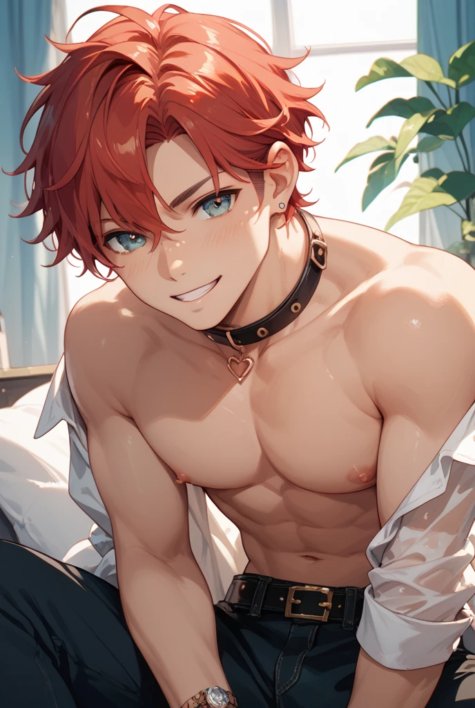 amagi hiiro, boy, red hair, male_focus, pants, blue eyes, solo, shirtless, nipples, pink nipples, topless, looking at viewer, smile, light muscles, bangs, open mouth, indoors