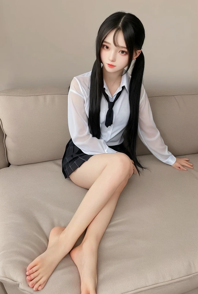 A woman in her 50s sitting cross-legged on the sofa, Beautiful face with arms and legs, a hyperRealistic , Wearing a skirt and knee-high socks, hyperRealistic , Cute school girl, Knee socks and skirt, Japanese girls uniform, Realistic , Korean Girls, japanese , Smooth white tight clothing suit, Acquiring Japanese